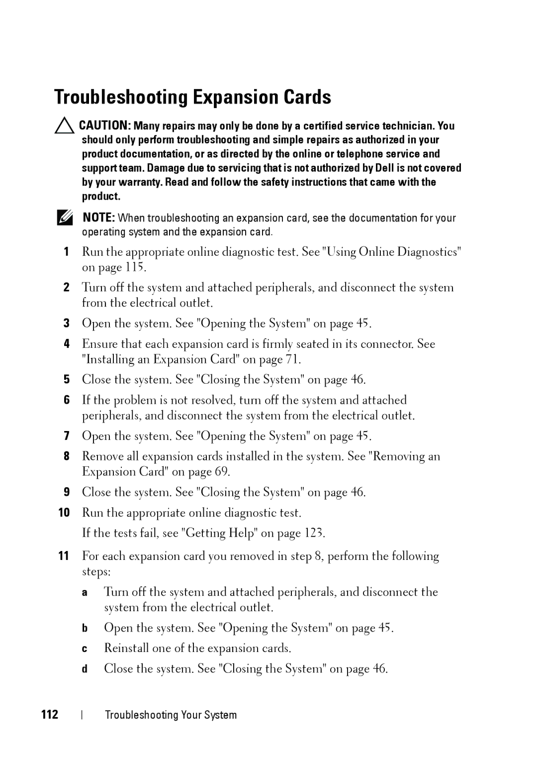 Dell E11S manual Troubleshooting Expansion Cards, 112 