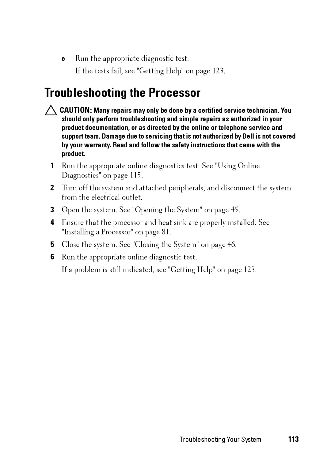 Dell E11S manual Troubleshooting the Processor, 113 