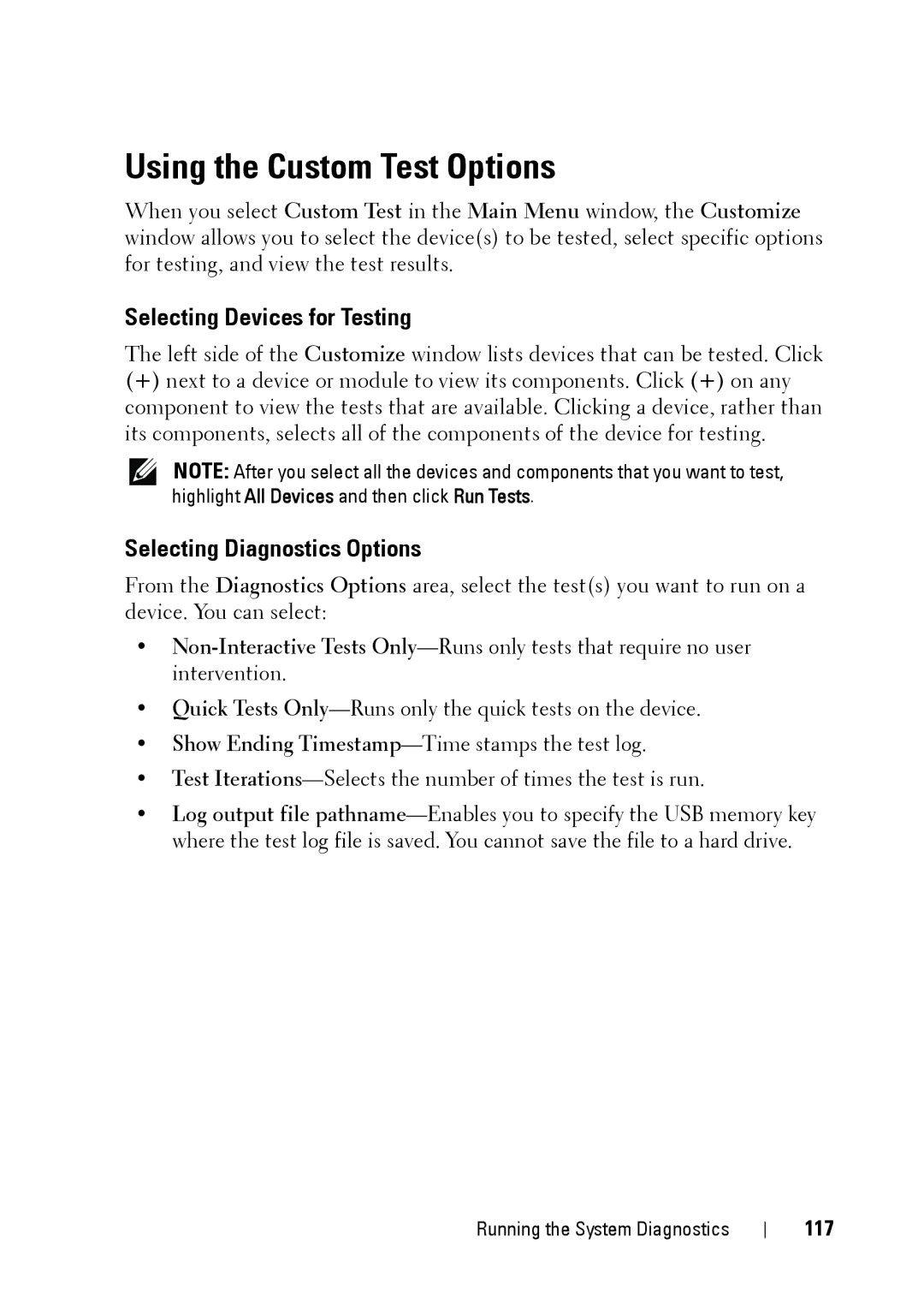 Dell E11S manual Using the Custom Test Options, Selecting Devices for Testing, Selecting Diagnostics Options, 117 