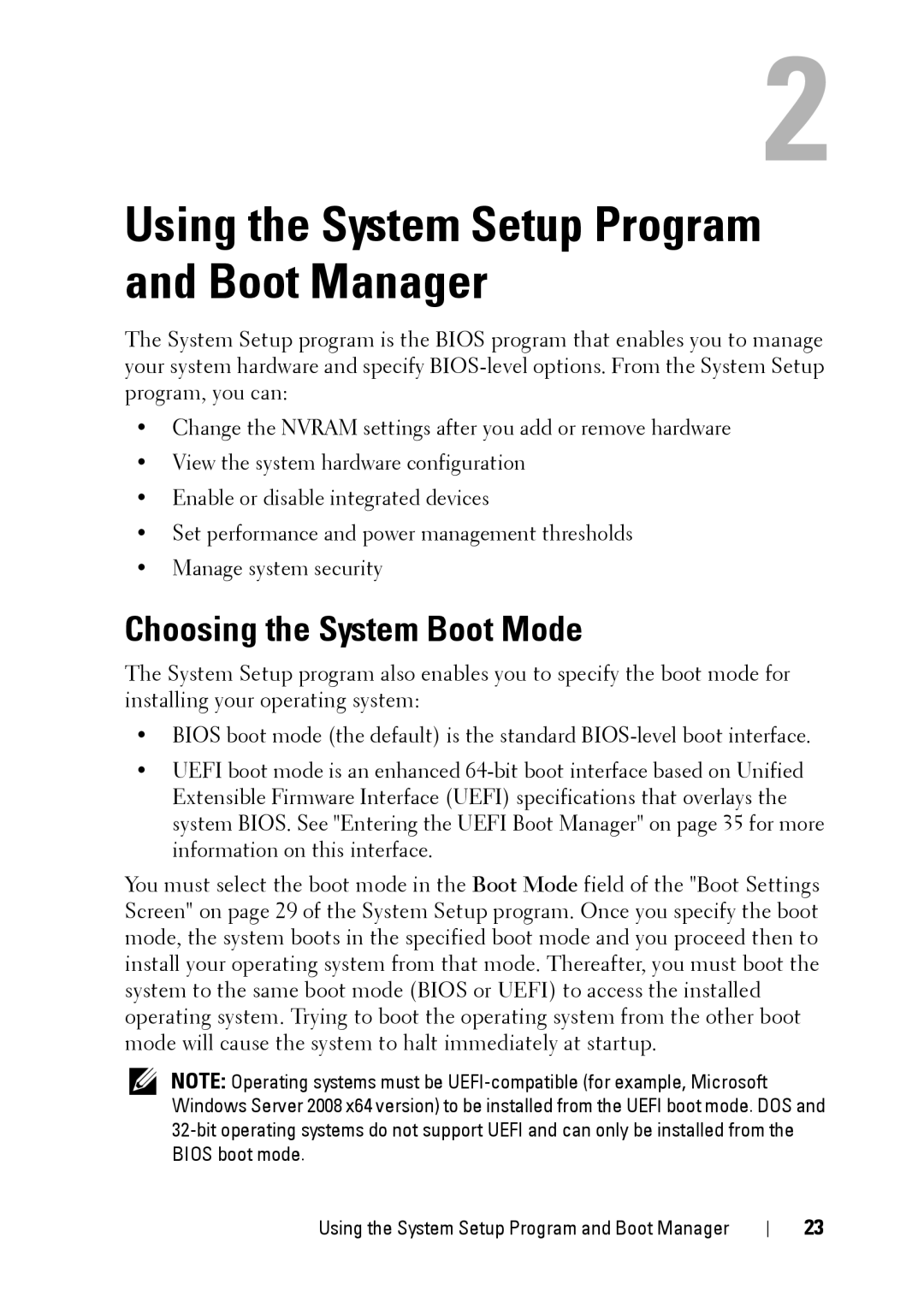 Dell E11S manual Using the System Setup Program and Boot Manager, Choosing the System Boot Mode 