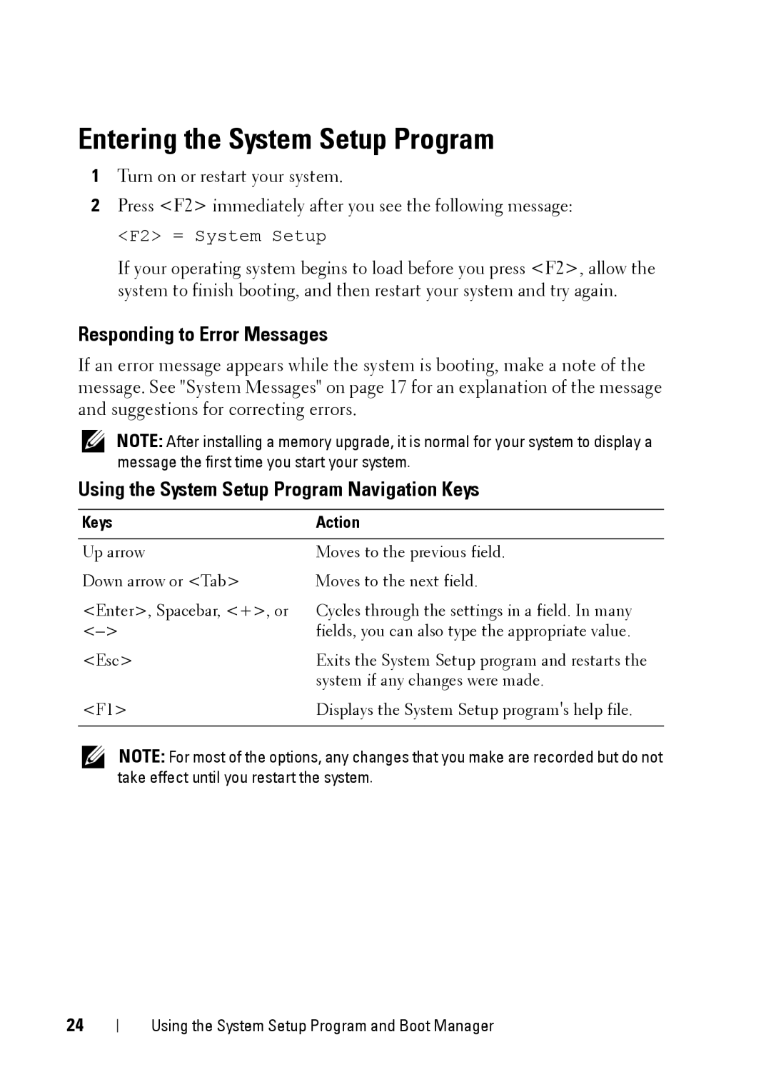 Dell E11S Entering the System Setup Program, Responding to Error Messages, Using the System Setup Program Navigation Keys 