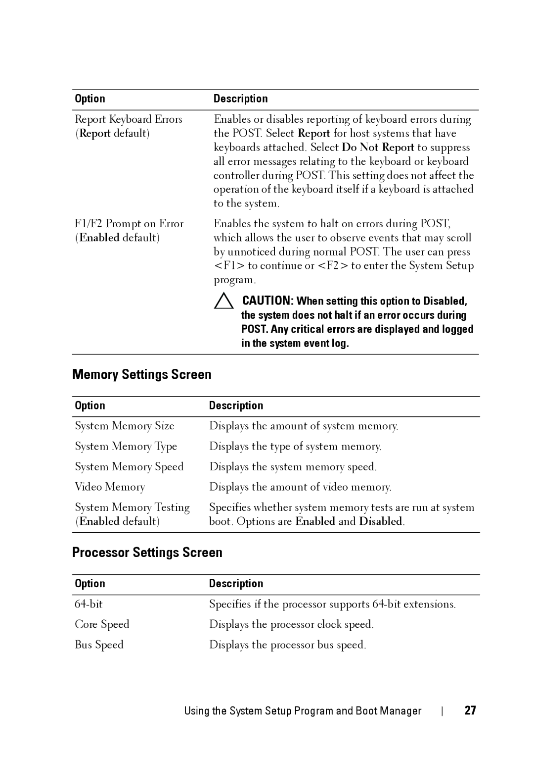 Dell E11S manual Memory Settings Screen, Processor Settings Screen, System event log 