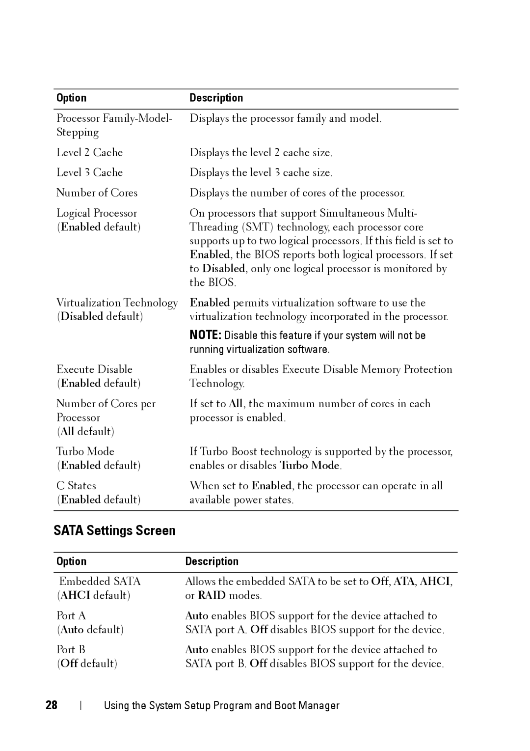 Dell E11S manual Sata Settings Screen, Running virtualization software 