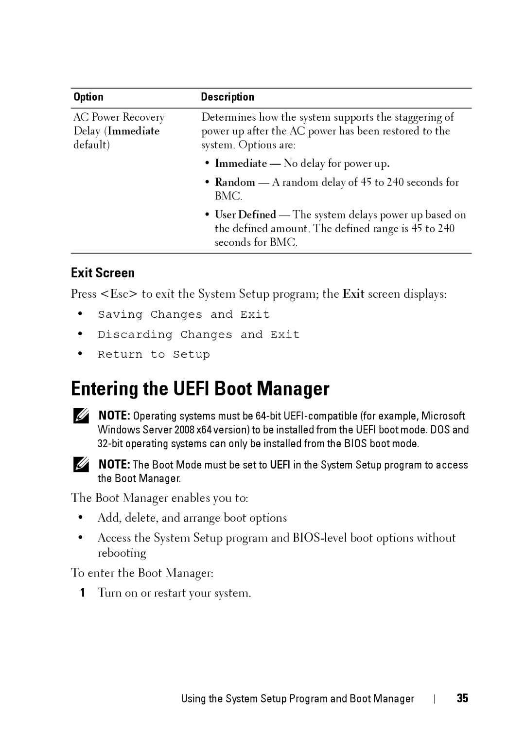 Dell E11S manual Entering the Uefi Boot Manager, Exit Screen 