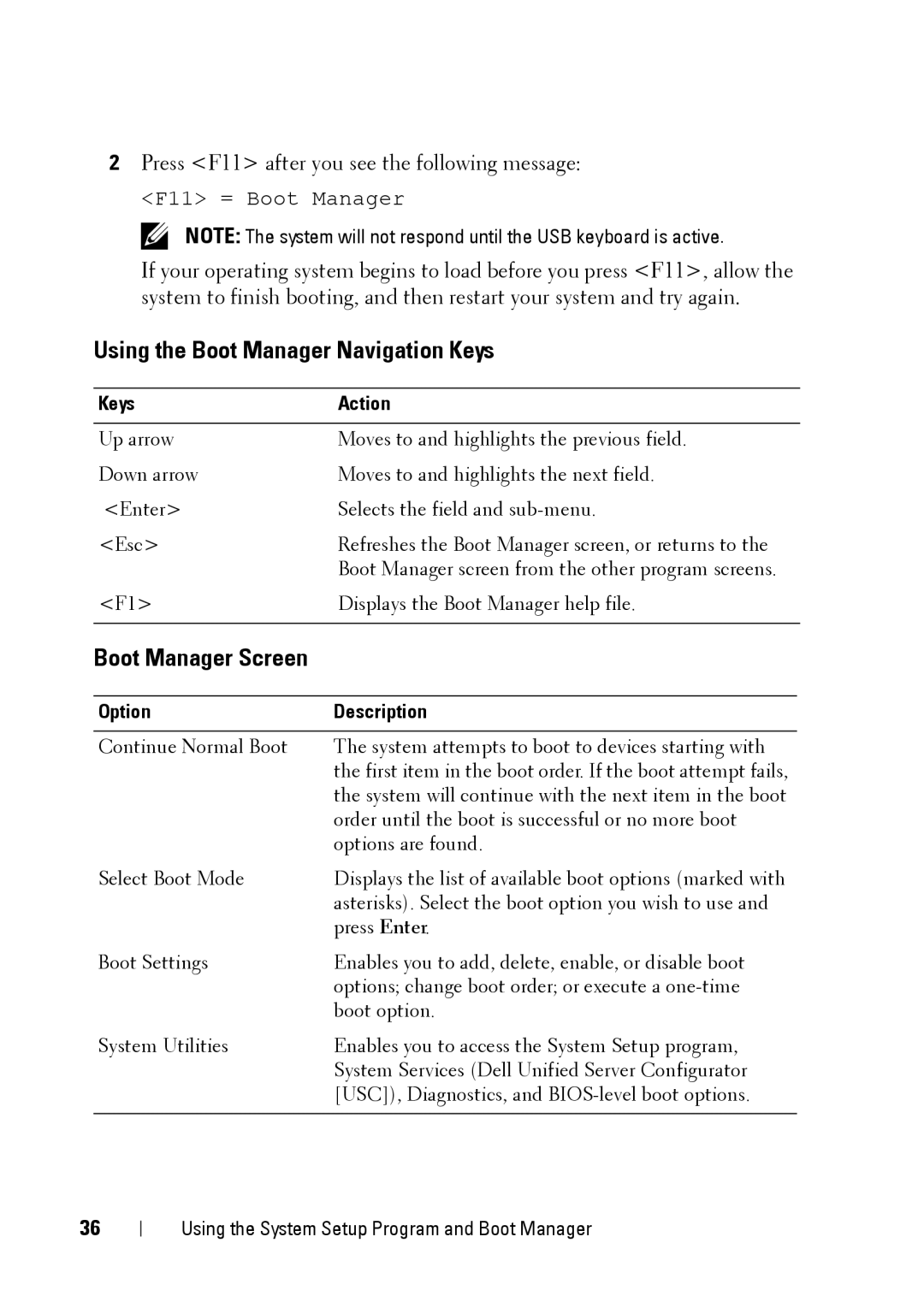 Dell E11S manual Using the Boot Manager Navigation Keys, Boot Manager Screen 