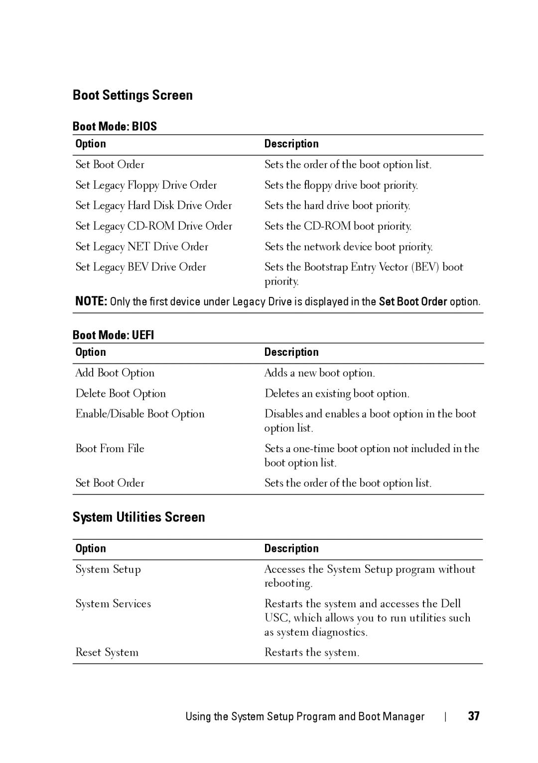 Dell E11S manual Boot Settings Screen, System Utilities Screen, Boot Mode Bios, Boot Mode Uefi 