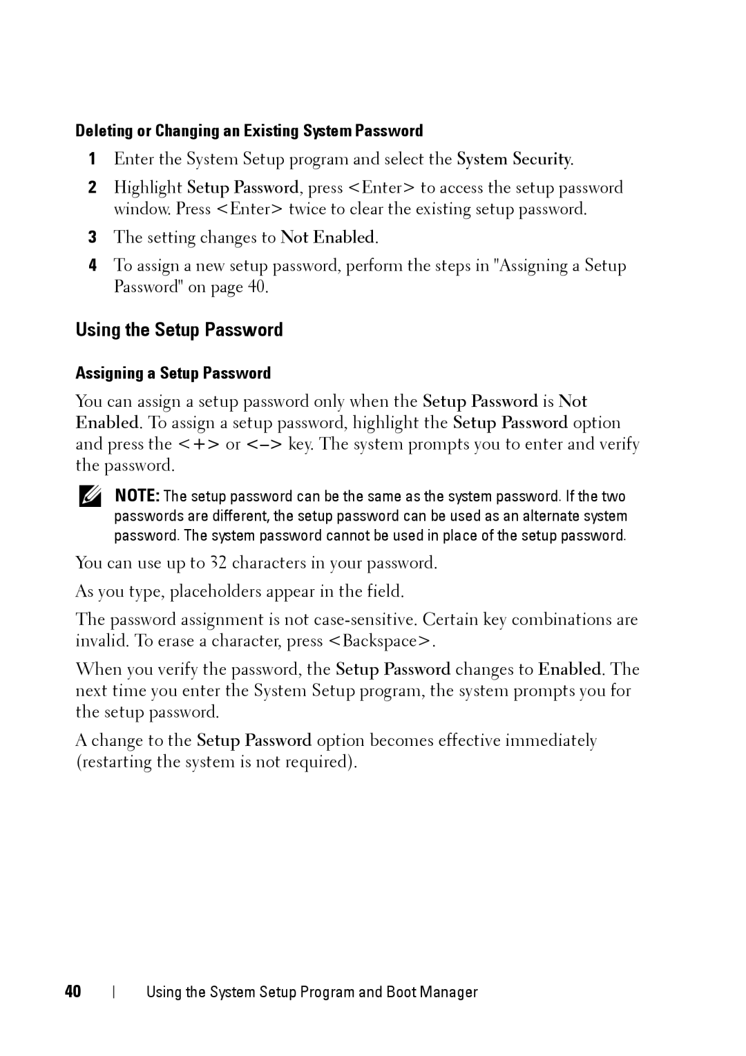 Dell E11S manual Using the Setup Password, Deleting or Changing an Existing System Password, Assigning a Setup Password 