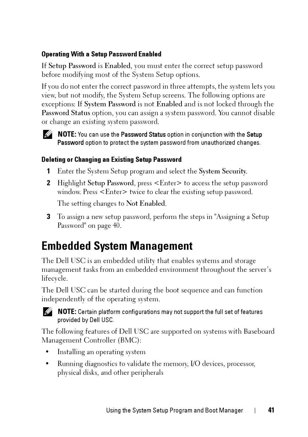 Dell E11S manual Embedded System Management, Operating With a Setup Password Enabled 