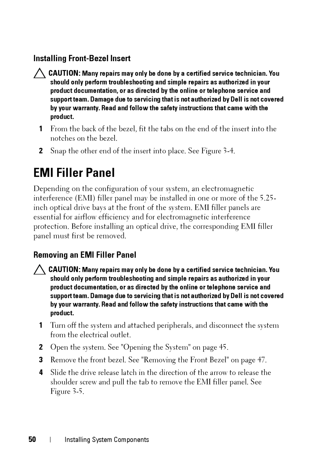 Dell E11S manual Installing Front-Bezel Insert, Removing an EMI Filler Panel 