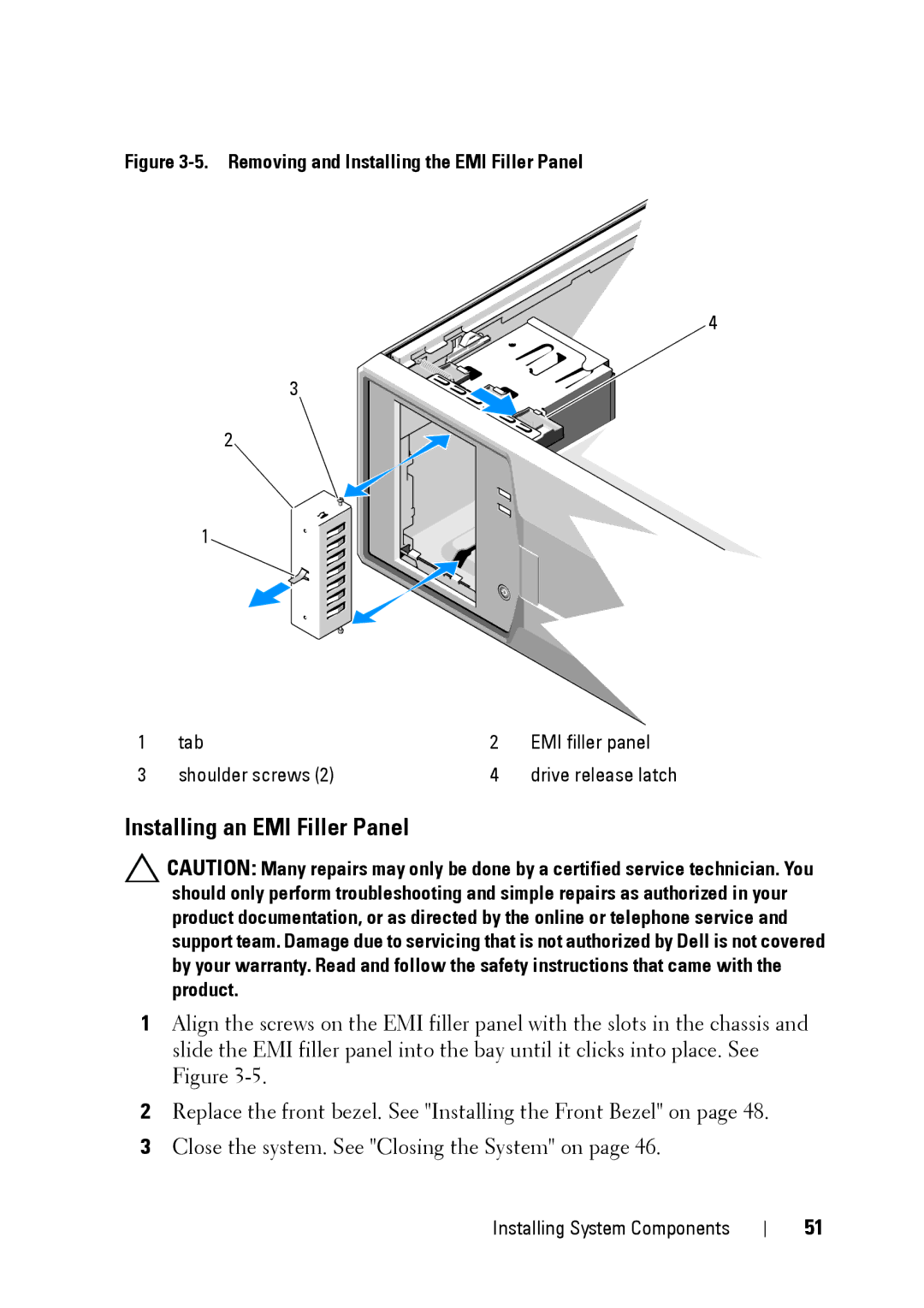 Dell E11S manual Installing an EMI Filler Panel, Removing and Installing the EMI Filler Panel 