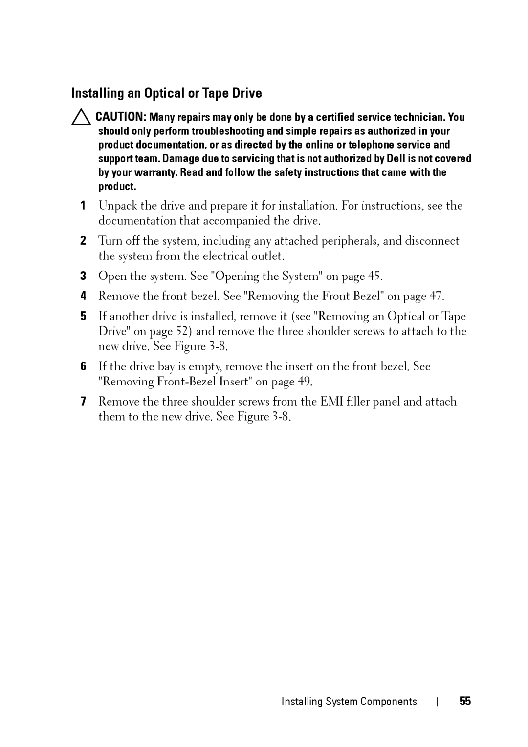 Dell E11S manual Installing an Optical or Tape Drive 