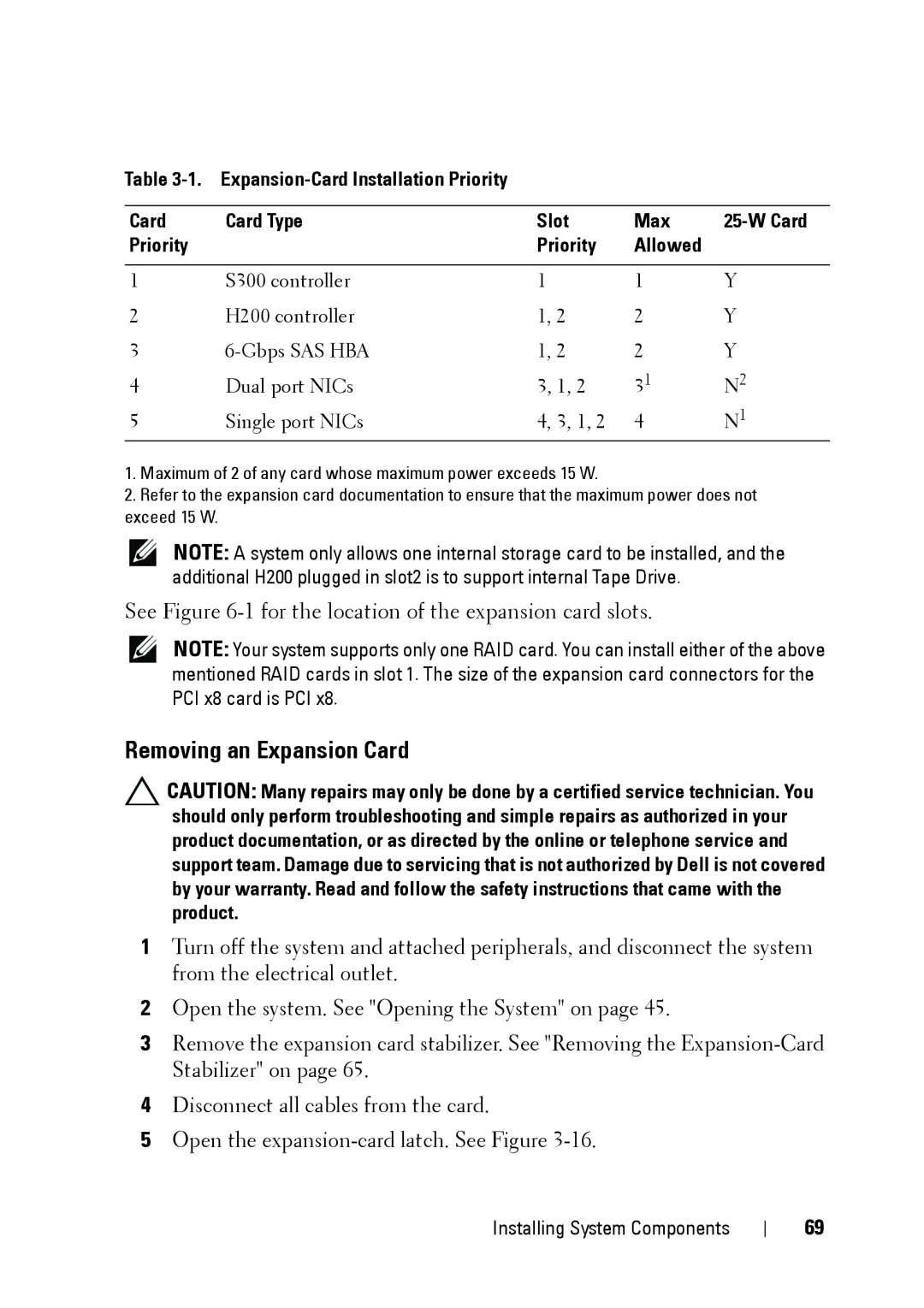 Dell E11S manual Removing an Expansion Card 