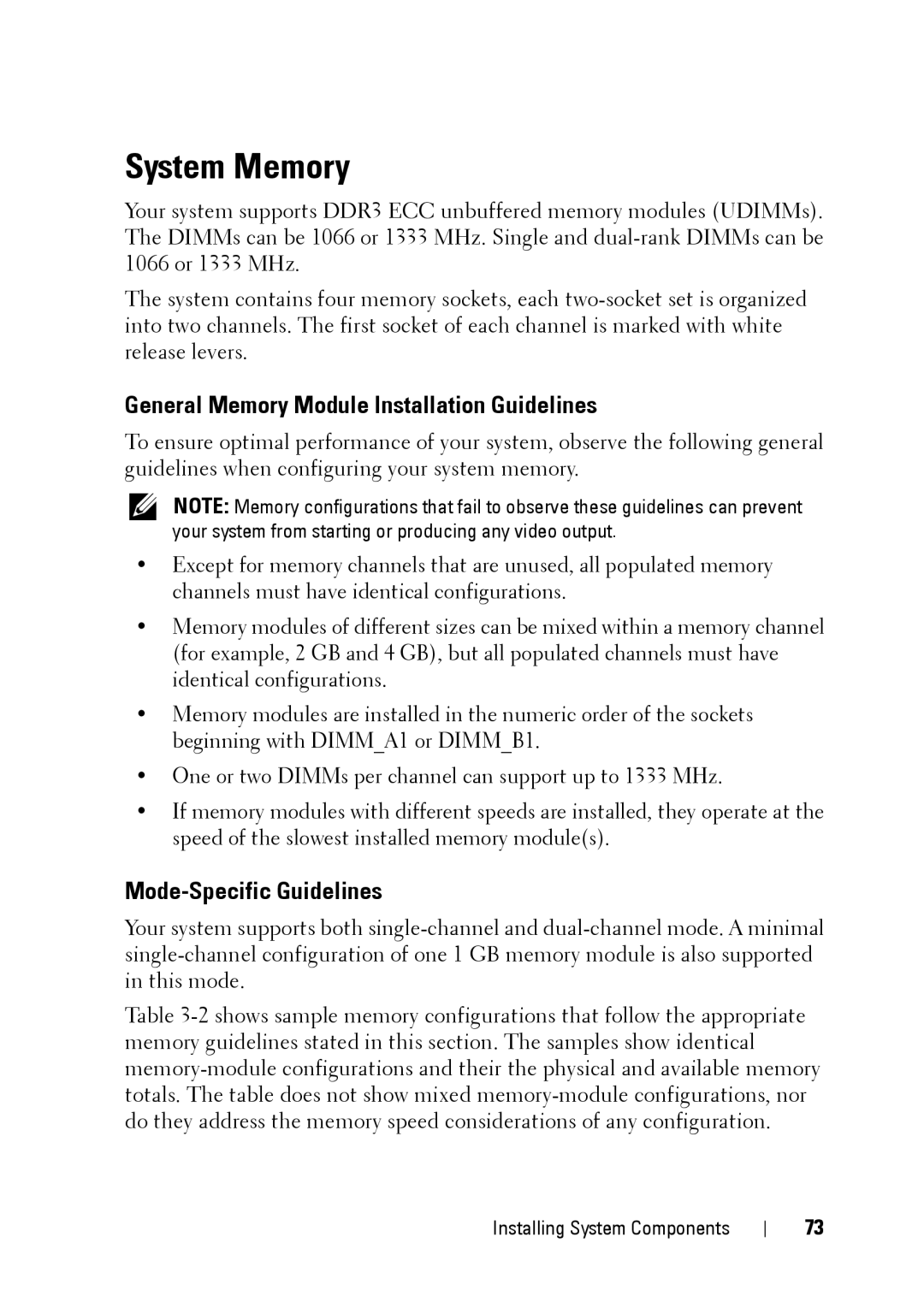 Dell E11S manual System Memory, General Memory Module Installation Guidelines, Mode-Specific Guidelines 