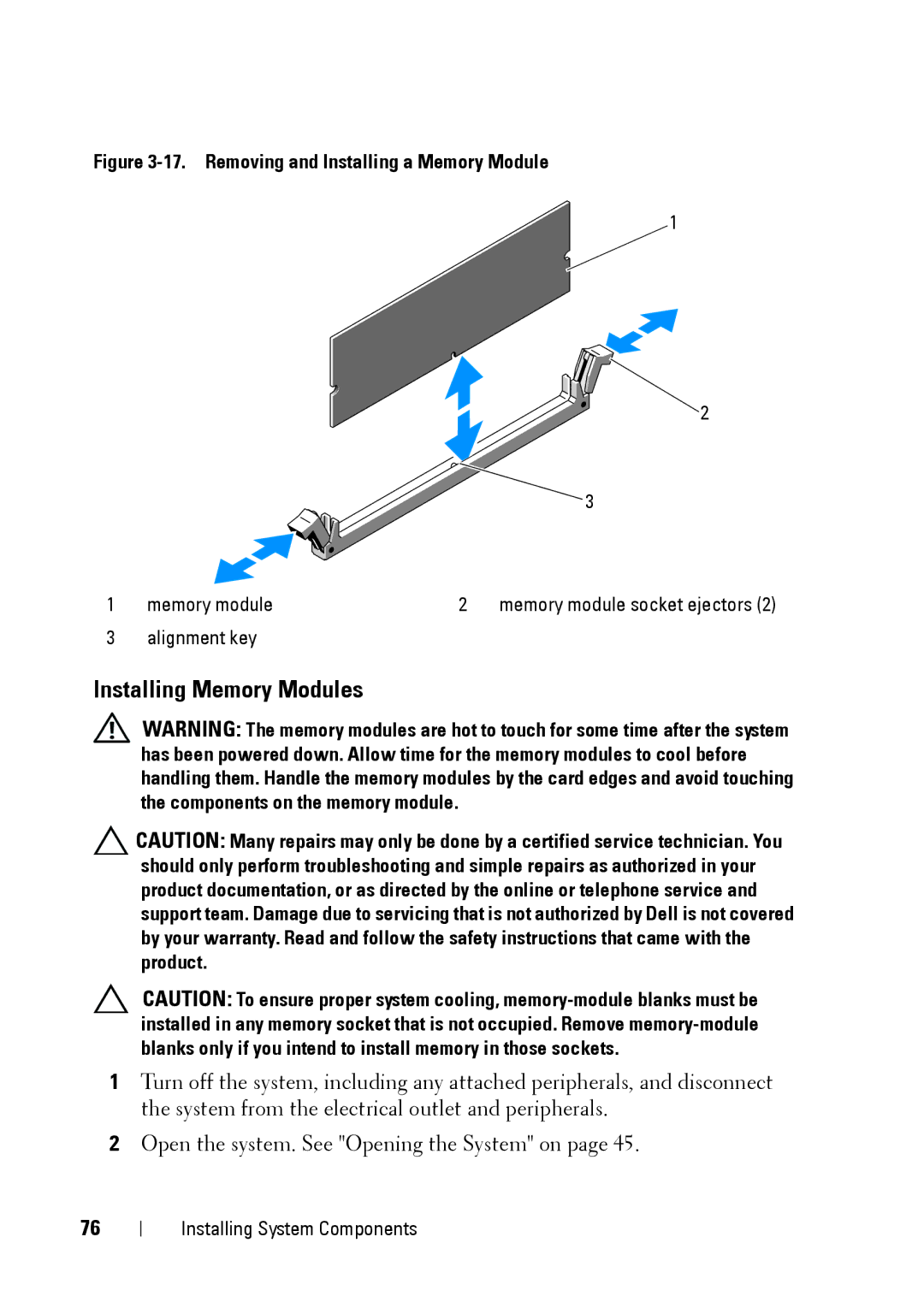 Dell E11S manual Installing Memory Modules, Removing and Installing a Memory Module 