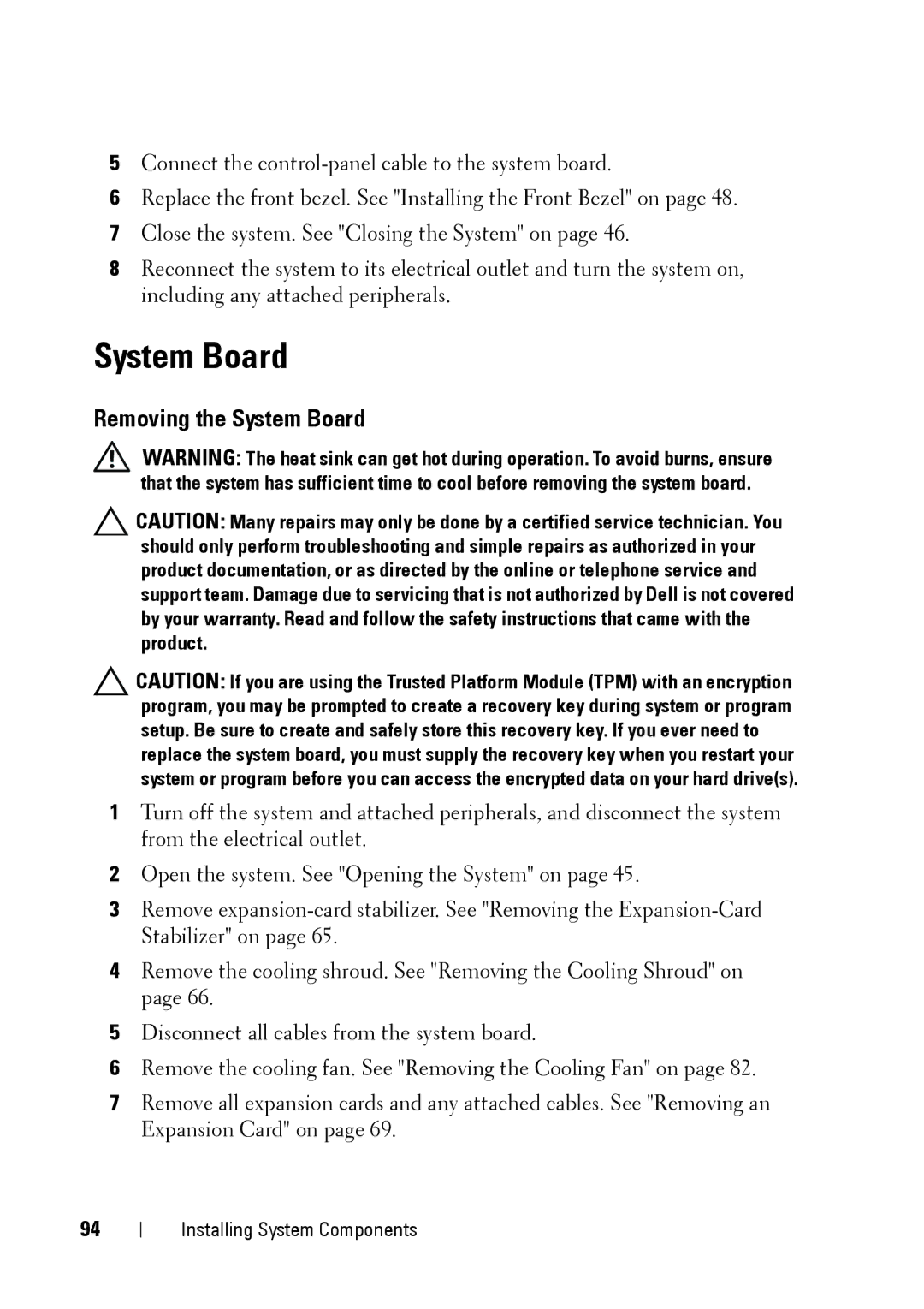 Dell E11S manual Removing the System Board 