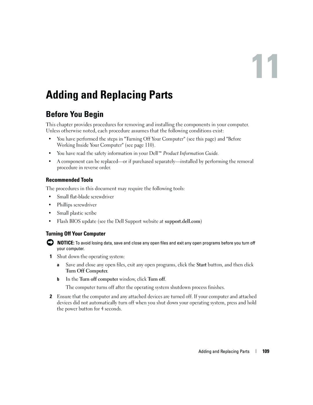 Dell E1405 owner manual Adding and Replacing Parts, Before You Begin, Recommended Tools, Turning Off Your Computer, 109 