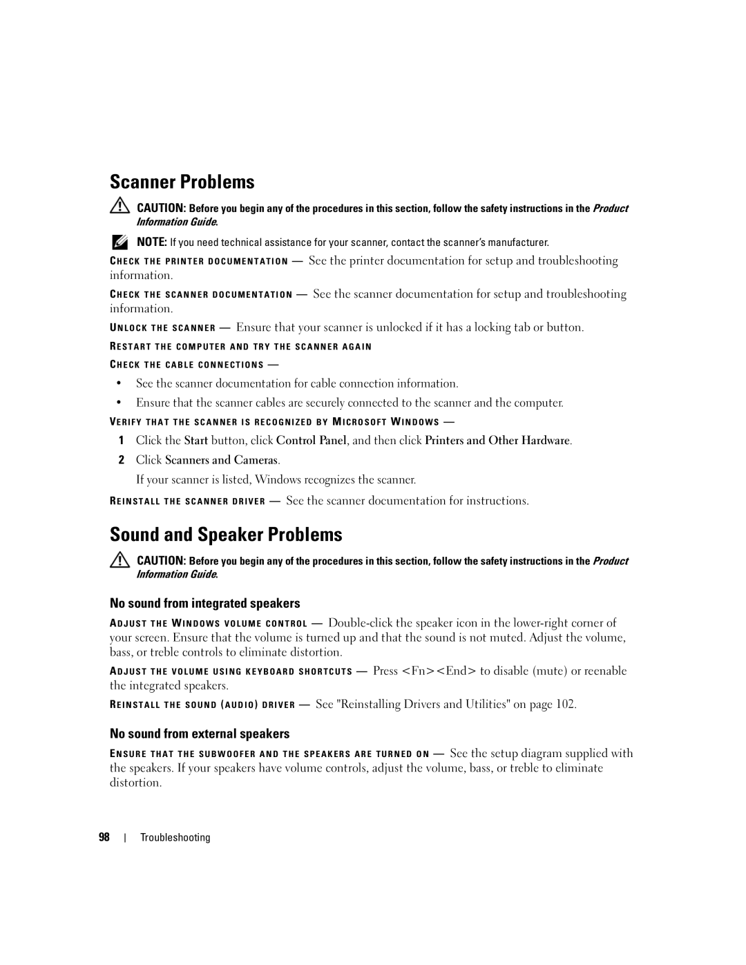 Dell E1405 owner manual Scanner Problems, Sound and Speaker Problems, No sound from integrated speakers 