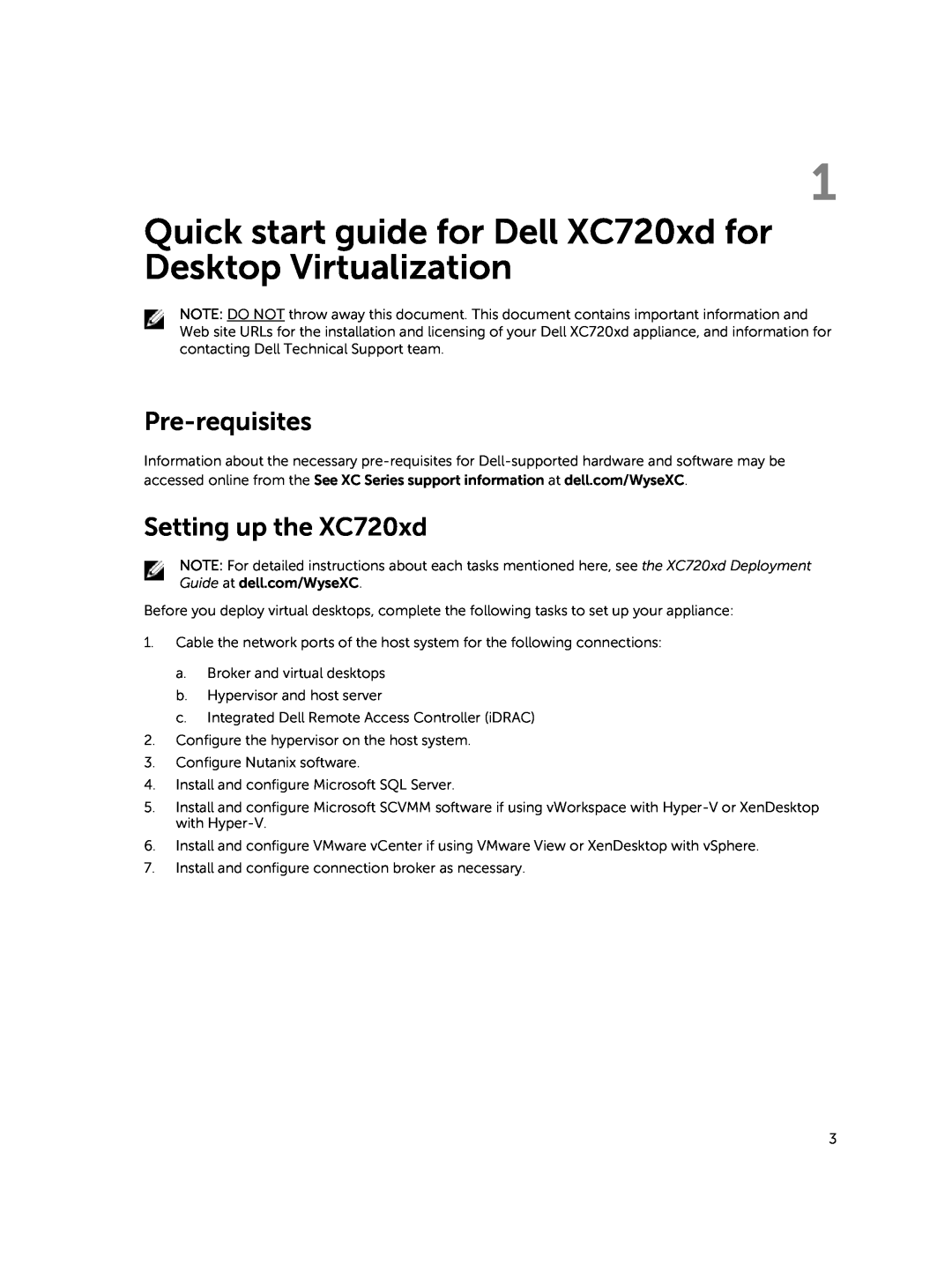 Dell E14S Series Quick start guide for Dell XC720xd for Desktop Virtualization, Pre-requisites, Setting up the XC720xd 