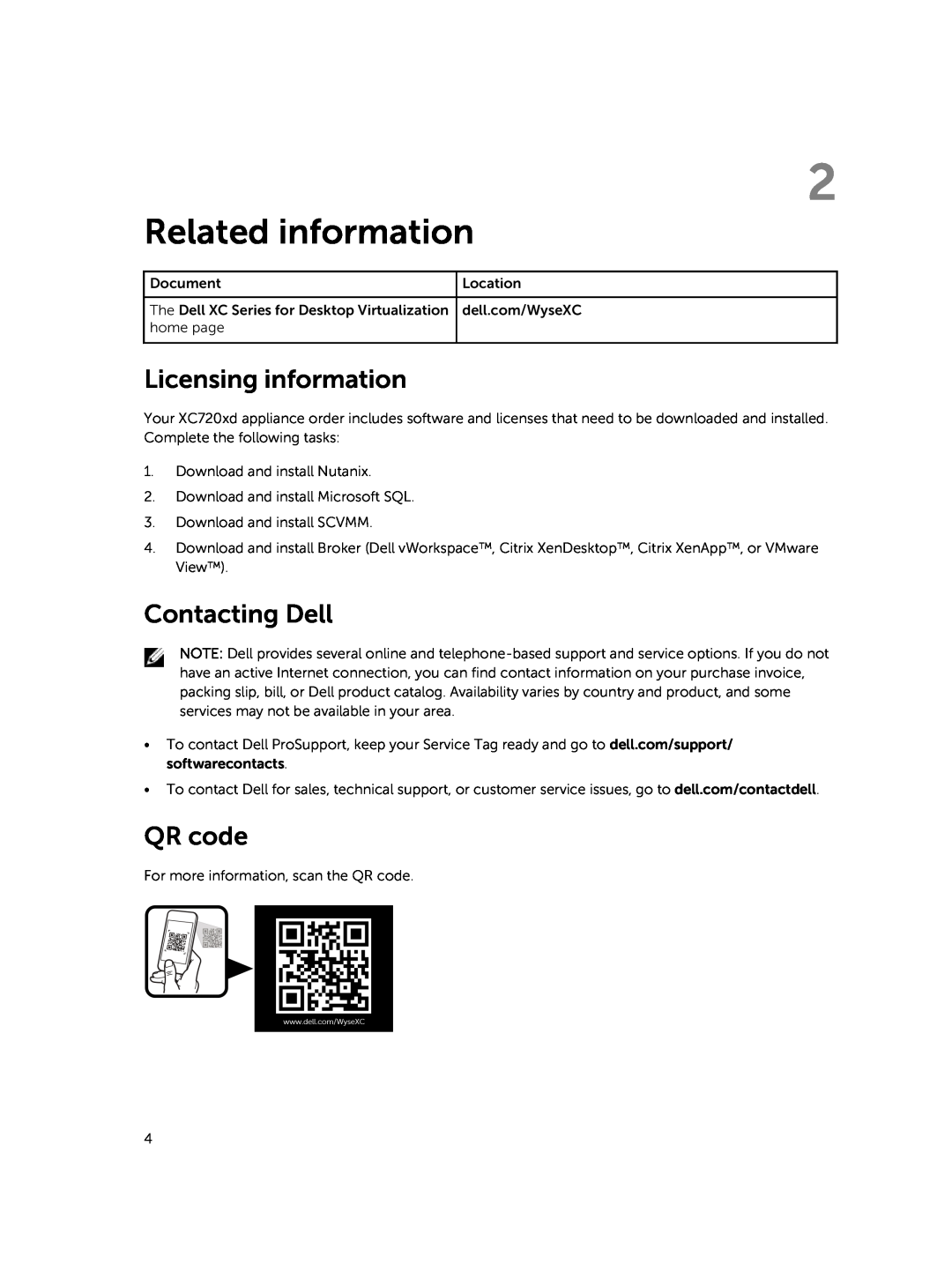 Dell E14S Series manual Related information, Licensing information, Contacting Dell, QR code 