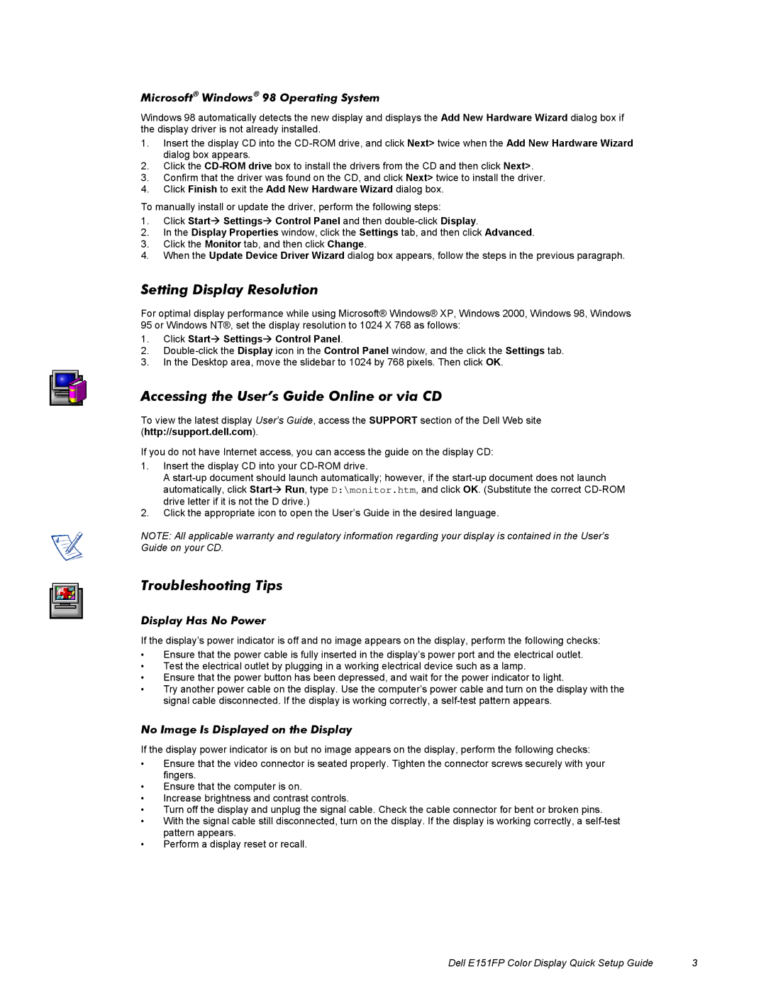 Dell E151FP setup guide Setting Display Resolution, Accessing the User’s Guide Online or via CD, Troubleshooting Tips 