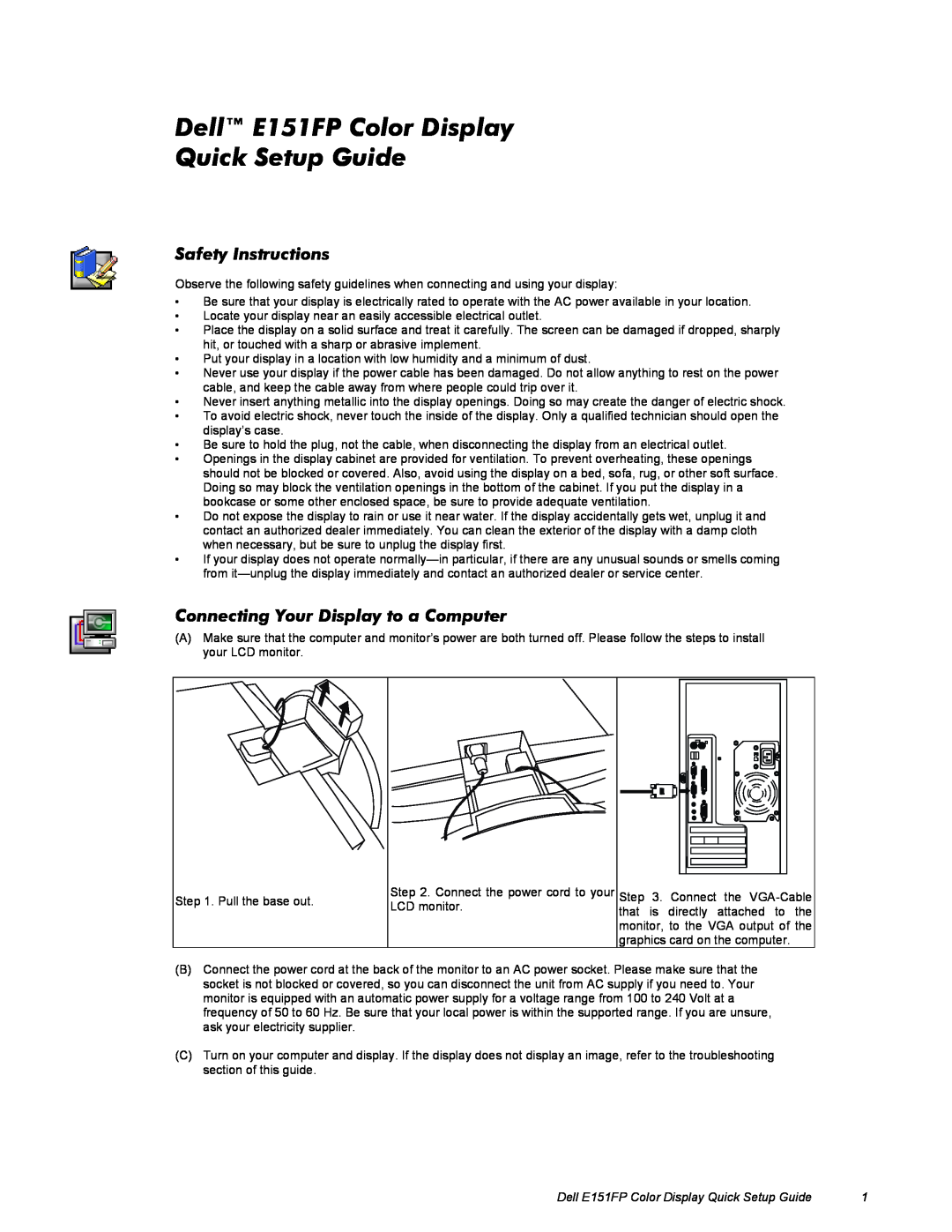 Dell E151FP setup guide Safety Instructions, Connecting Your Display to a Computer 