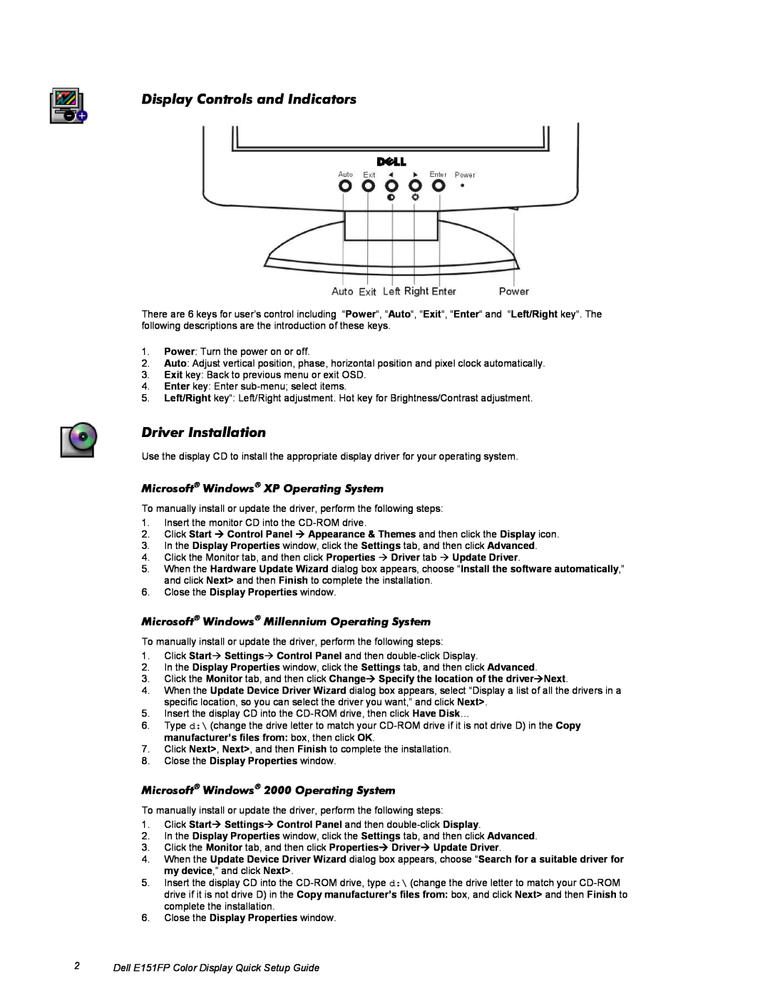 Dell E151FP setup guide Display Controls and Indicators, Driver Installation, Microsoft Windows XP Operating System 