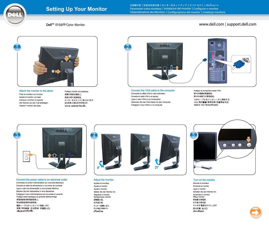 Dell manual E156FP Color Monitor, Attach the monitor to the stand, Connect the VGA cable to the computer 