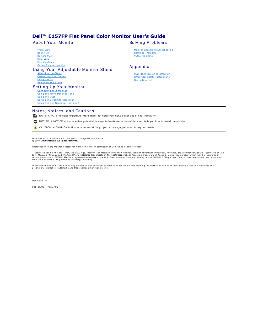 Dell appendix Dell E157FP Flat Panel Color Monitor Users Guide, About Your Monitor Solving Problems, Appendix 