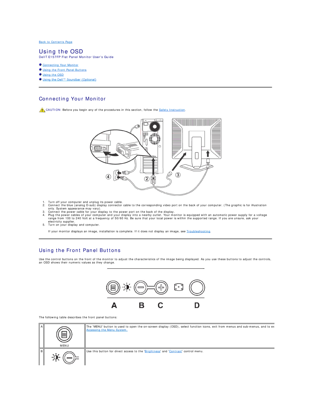 Dell E157FP appendix Using the OSD, Connecting Your Monitor, Using the Front Panel Buttons 