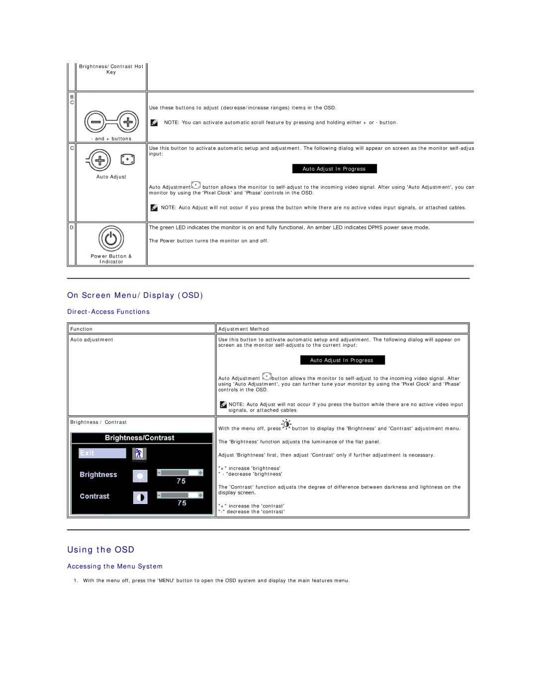 Dell E157FP appendix Using the OSD, On Screen Menu/Display OSD, Brightness/Contrast Hot Key + buttons, Auto Adjust 