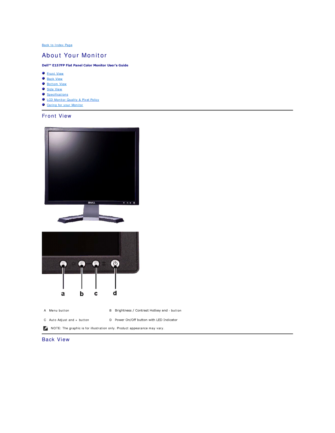 Dell E157FP appendix About Your Monitor, Front View, Back View 