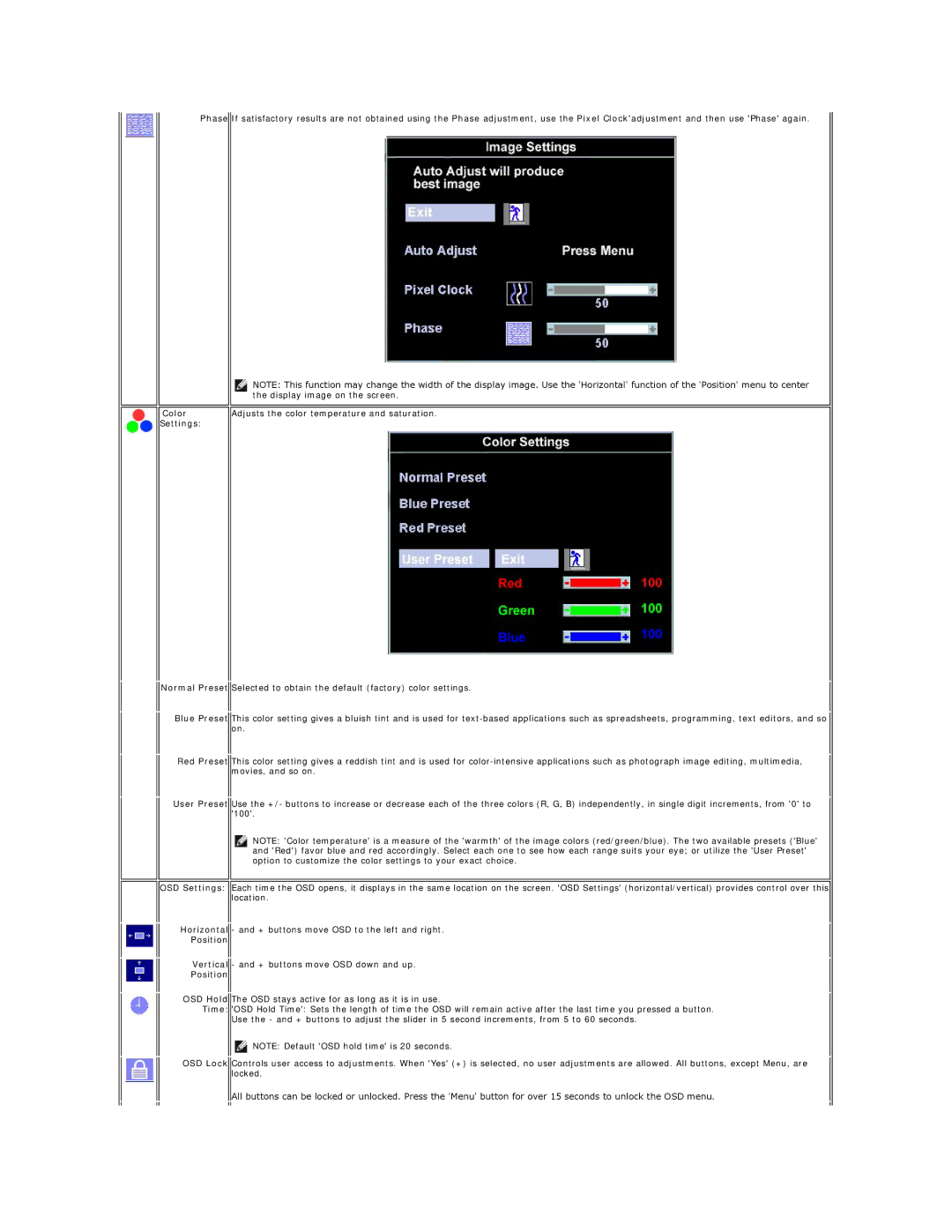 Dell E157FP appendix Color Settings, Position 