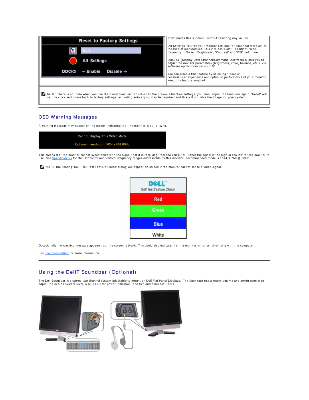 Dell E157FP appendix Using the DellT Soundbar Optional, OSD Warning Messages 