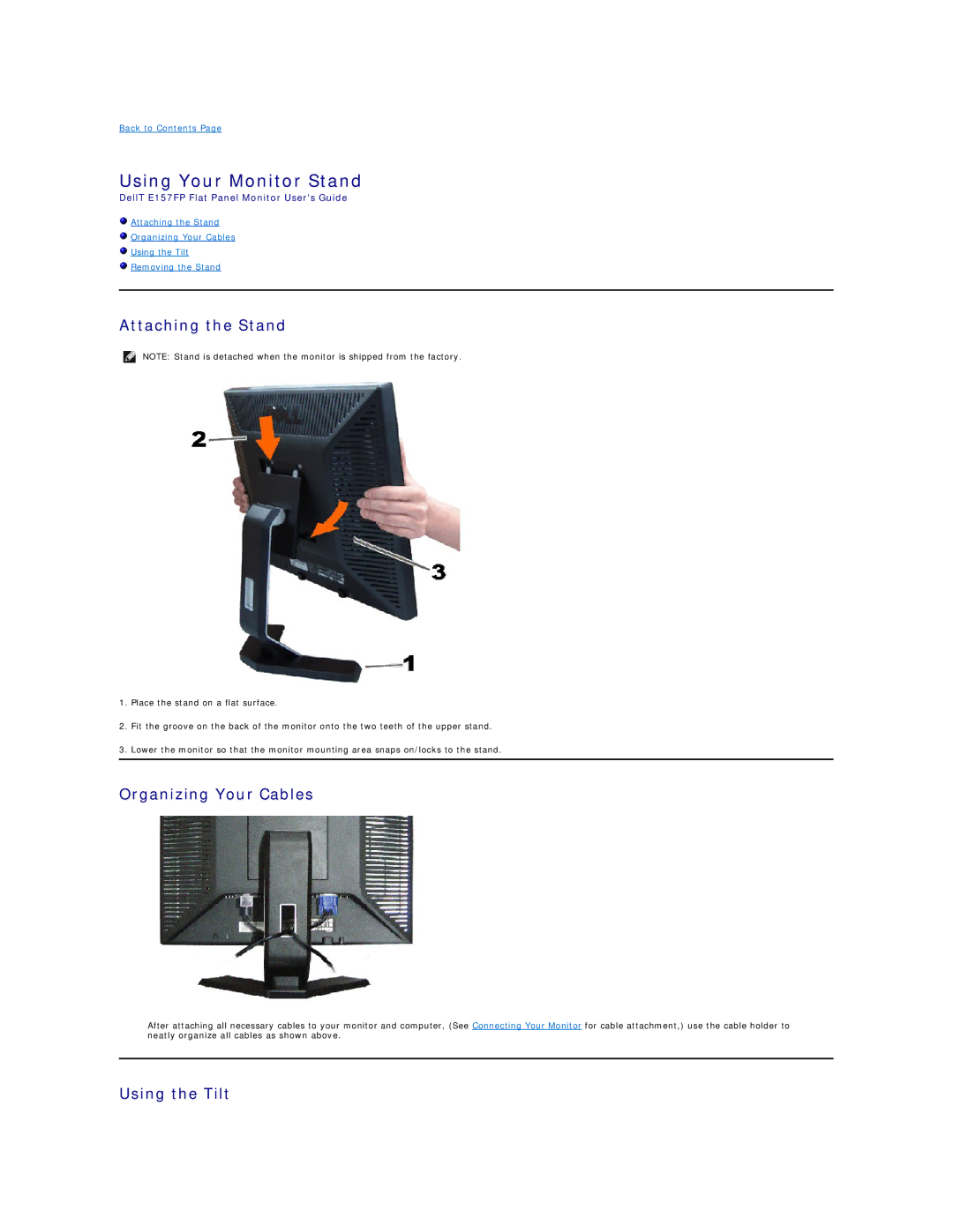 Dell E157FP appendix Using Your Monitor Stand, Attaching the Stand, Organizing Your Cables, Using the Tilt 