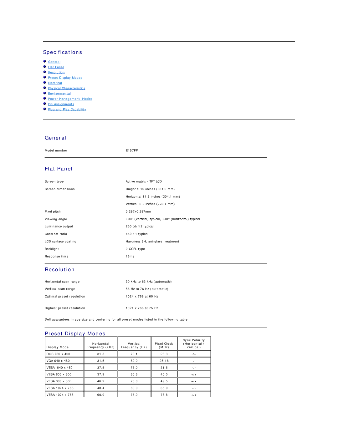 Dell E157FP appendix Specifications, General, Flat Panel, Resolution, Preset Display Modes 