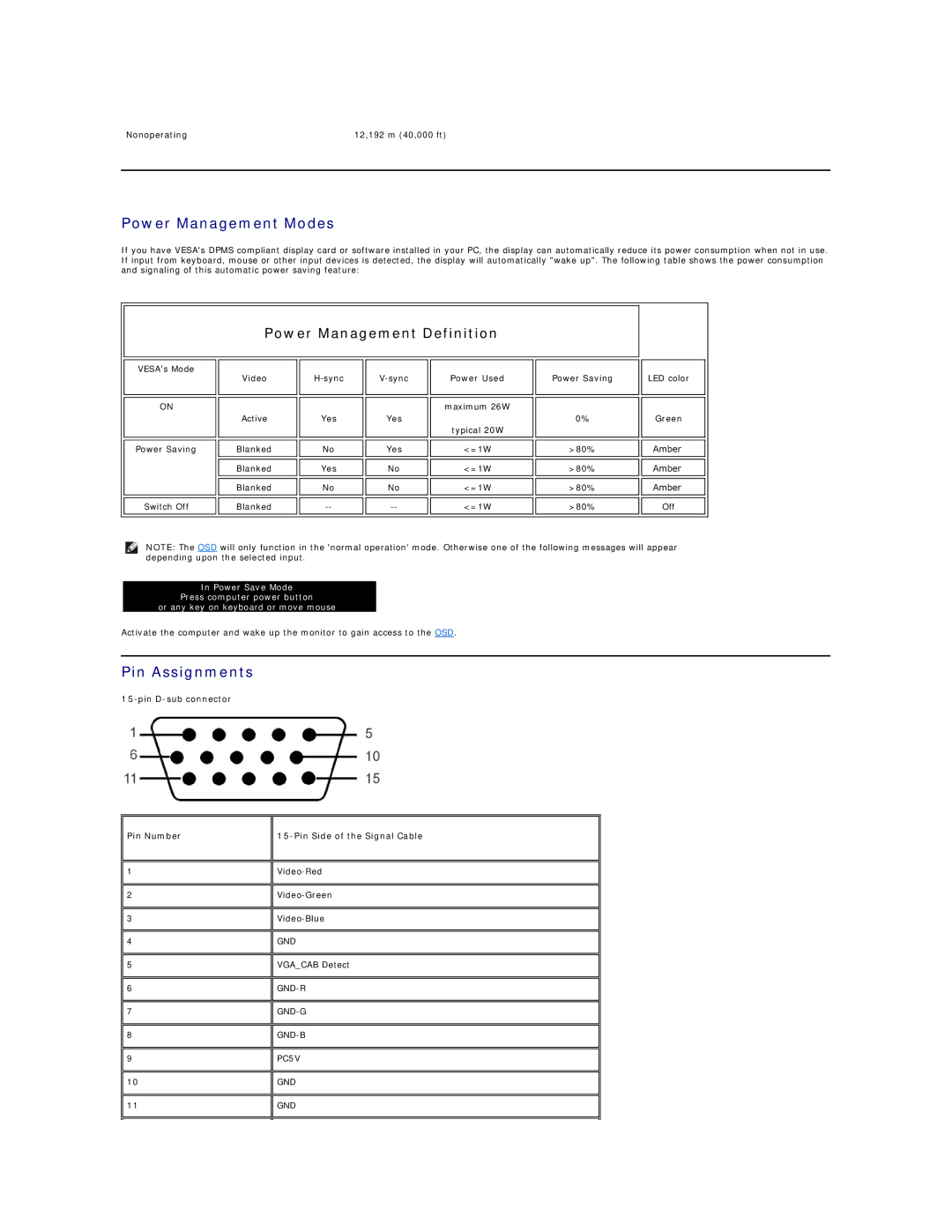 Dell E157FP appendix Power Management Modes, Pin Assignments, Pin D-sub connector Pin Number Pin Side of the Signal Cable 