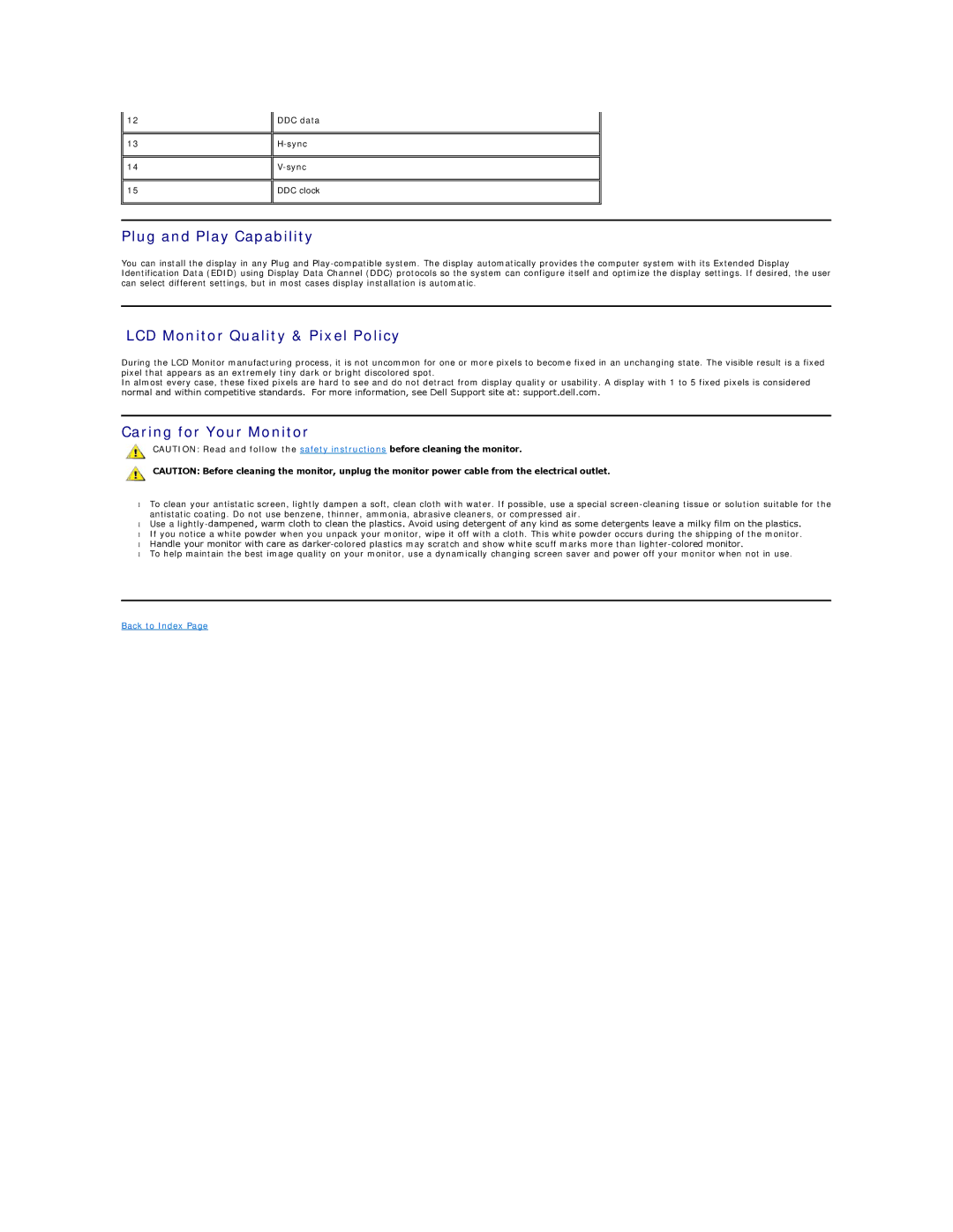 Dell E157FP appendix Plug and Play Capability, LCD Monitor Quality & Pixel Policy, Caring for Your Monitor 