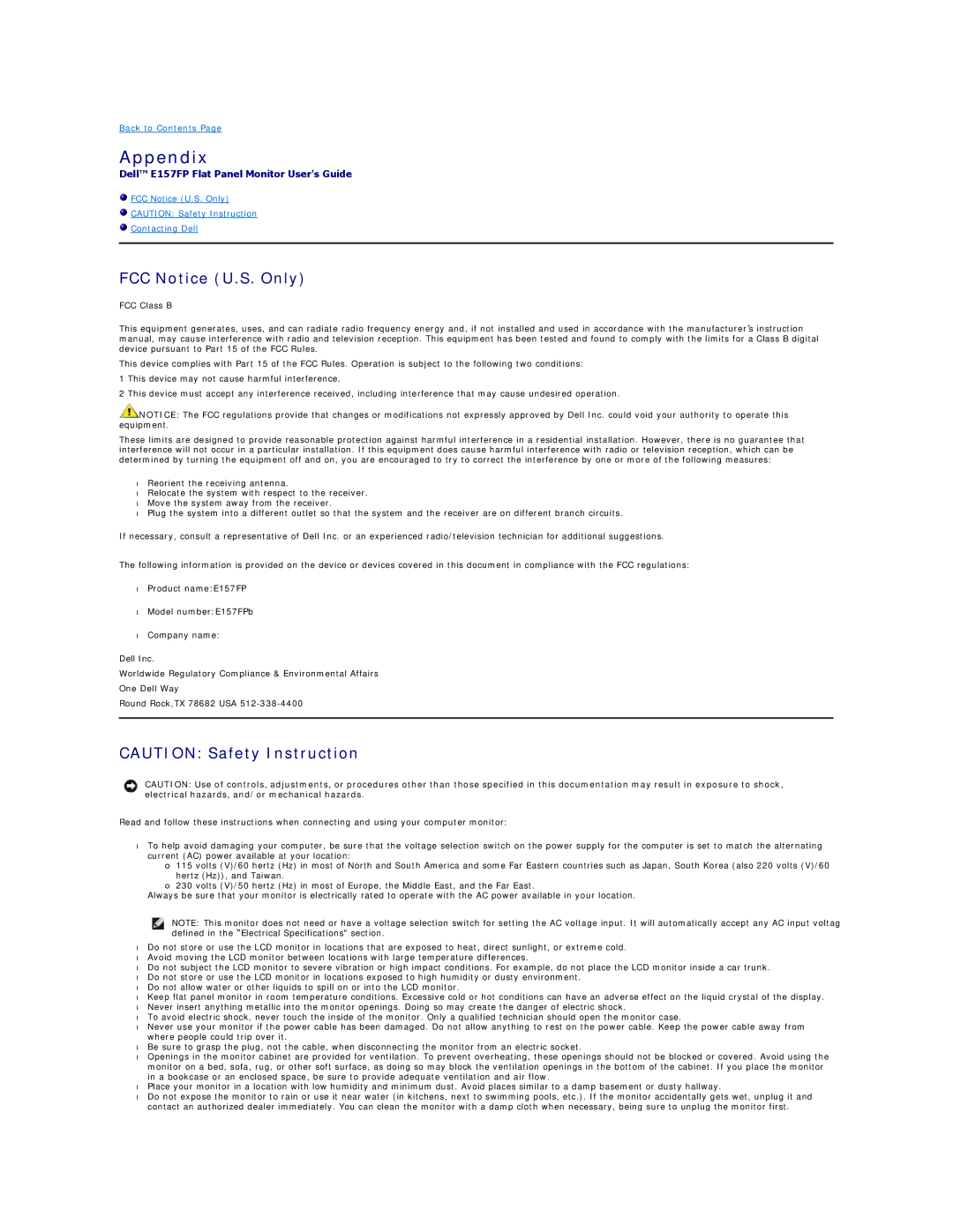 Dell E157FP appendix Appendix, FCC Notice U.S. Only 