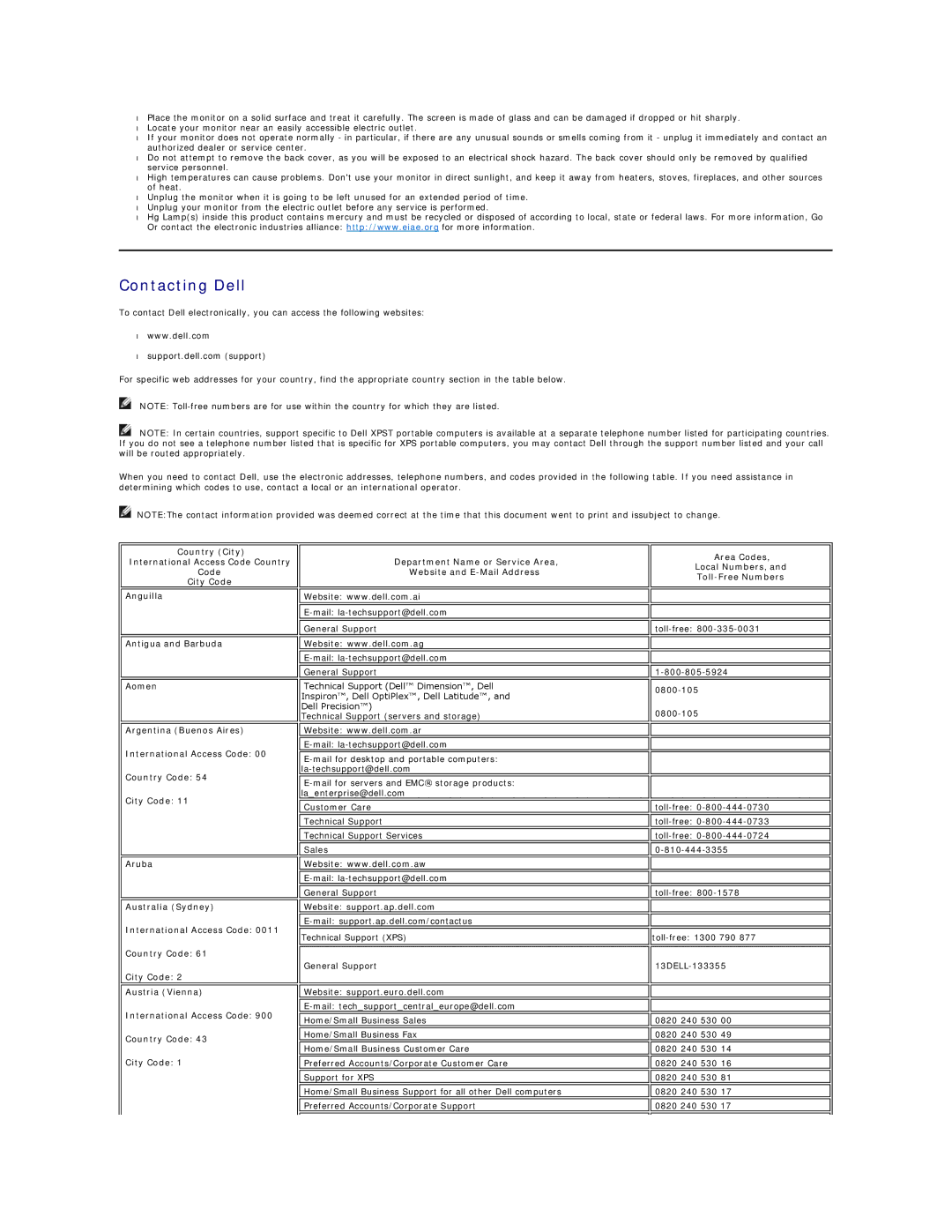 Dell E157FP appendix Contacting Dell, Area Codes Local Numbers, Toll-Free Numbers 