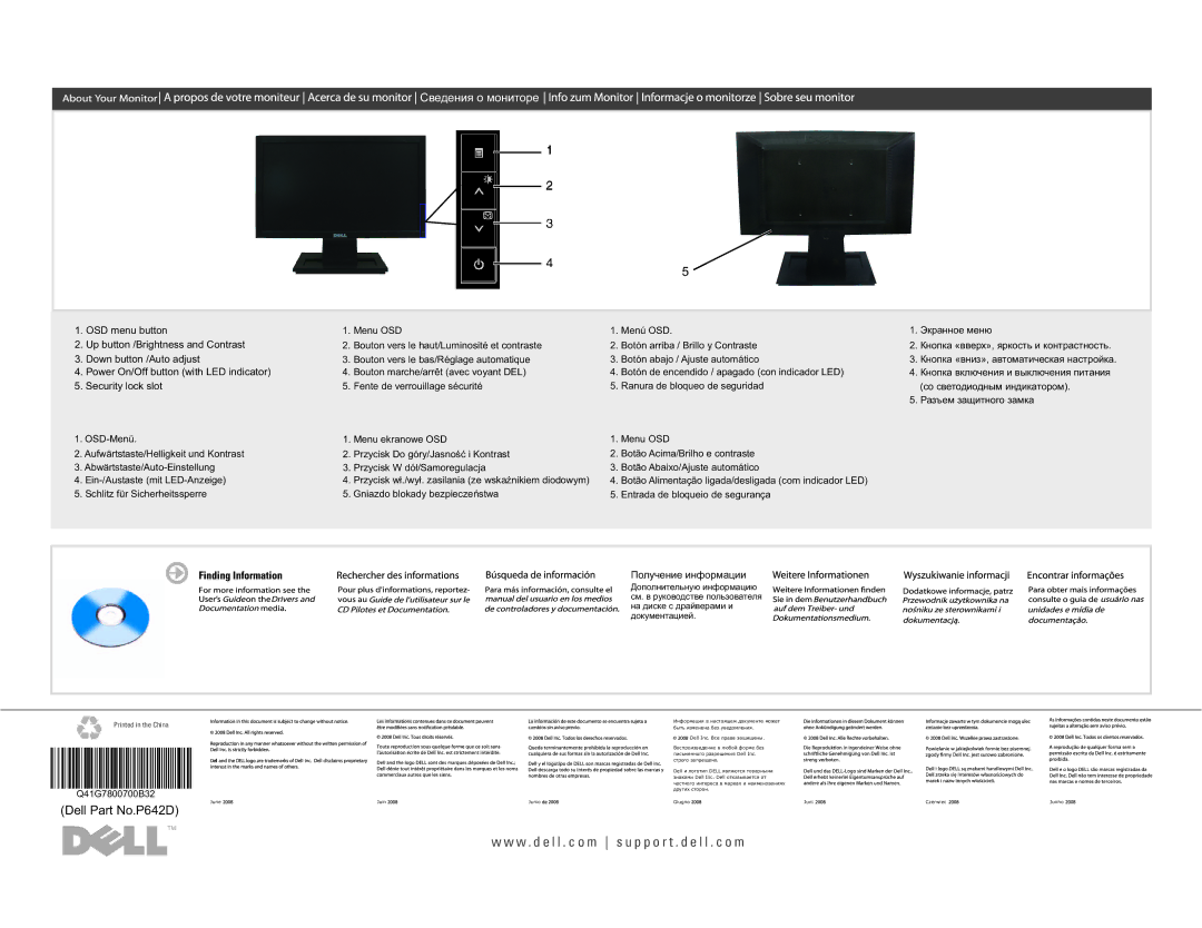 Dell E1609W, P642D manual Ɋɜɟɞɟɧɢɹ ɨ ɦɨɧɢɬɨɪɟ, Przycisk wá./wyá. zasilania ze wskaĨnikiem diodowym, Q41G7800700B32 