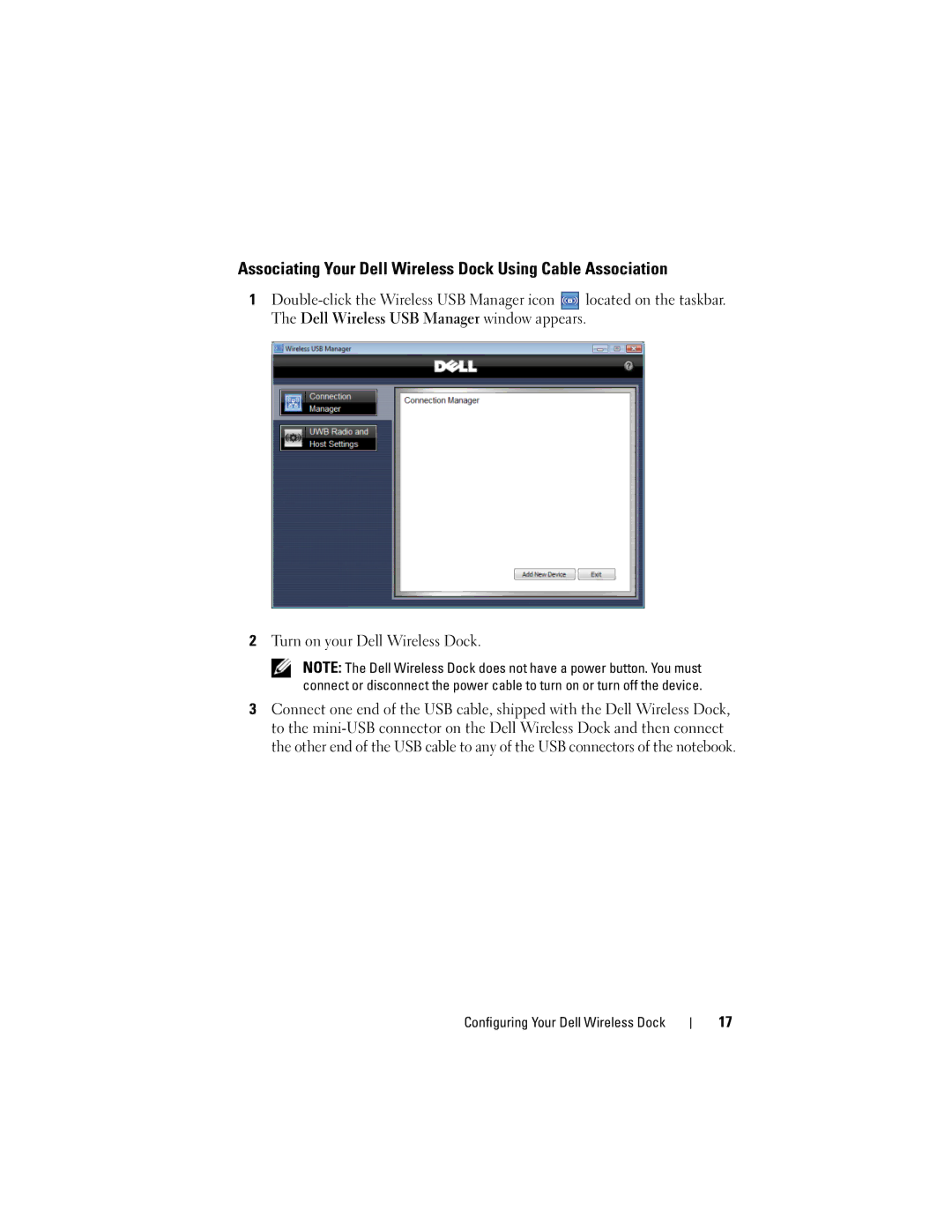 Dell E16WD01001, 0HPCH user manual Associating Your Dell Wireless Dock Using Cable Association 