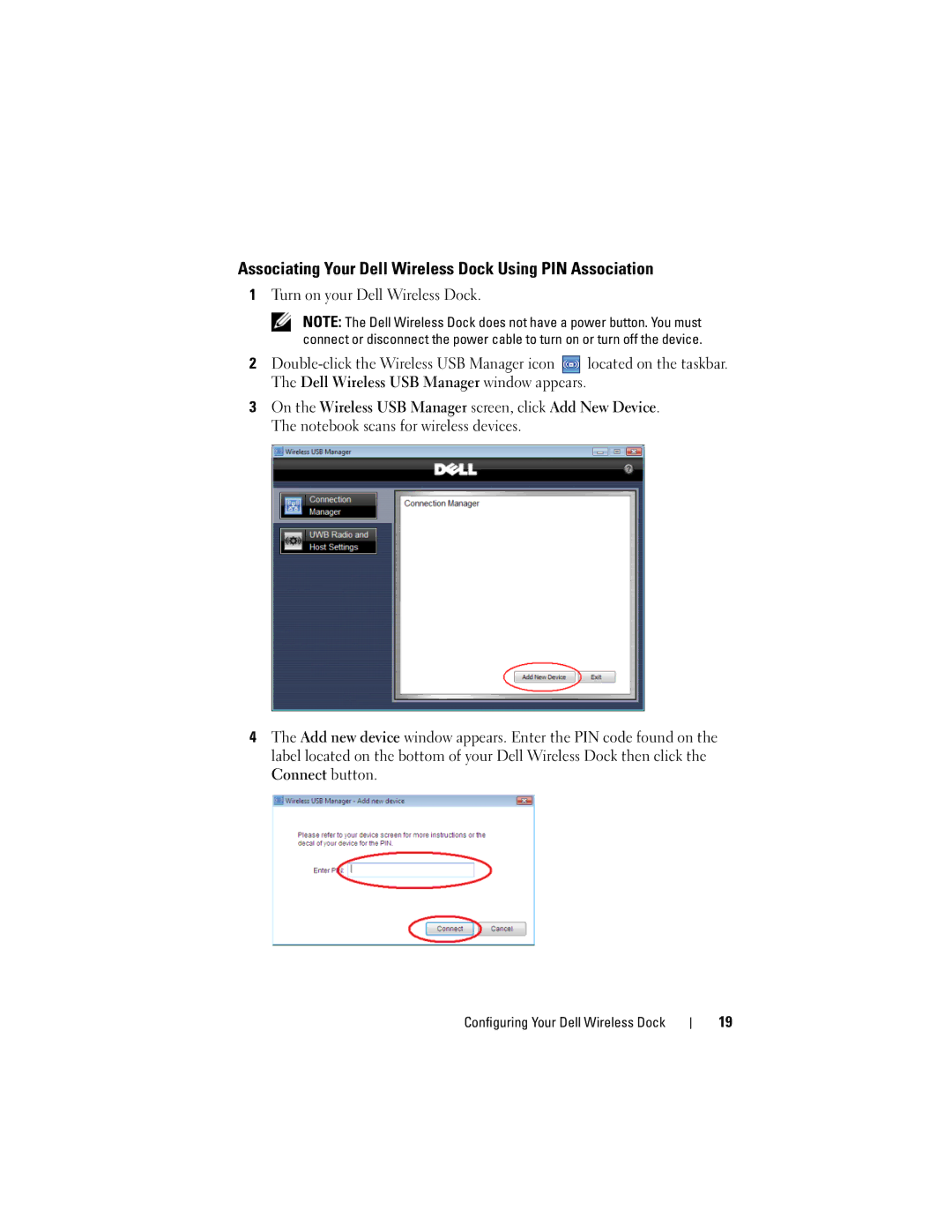 Dell 0HPCH, E16WD01001 user manual Associating Your Dell Wireless Dock Using PIN Association 