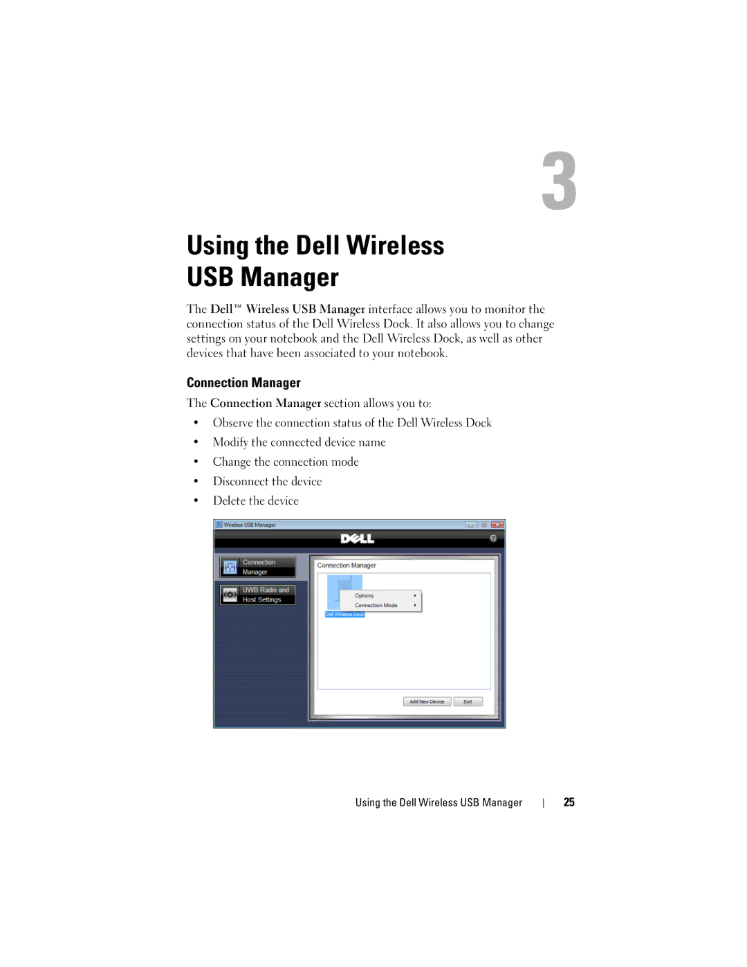 Dell 0HPCH, E16WD01001 user manual Using the Dell Wireless USB Manager, Connection Manager 