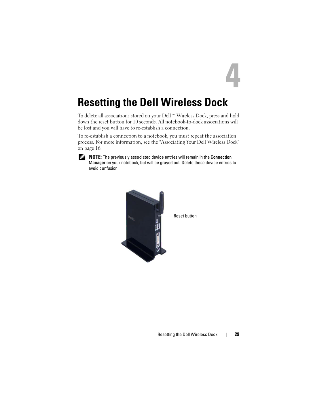 Dell E16WD01001, 0HPCH user manual Resetting the Dell Wireless Dock 