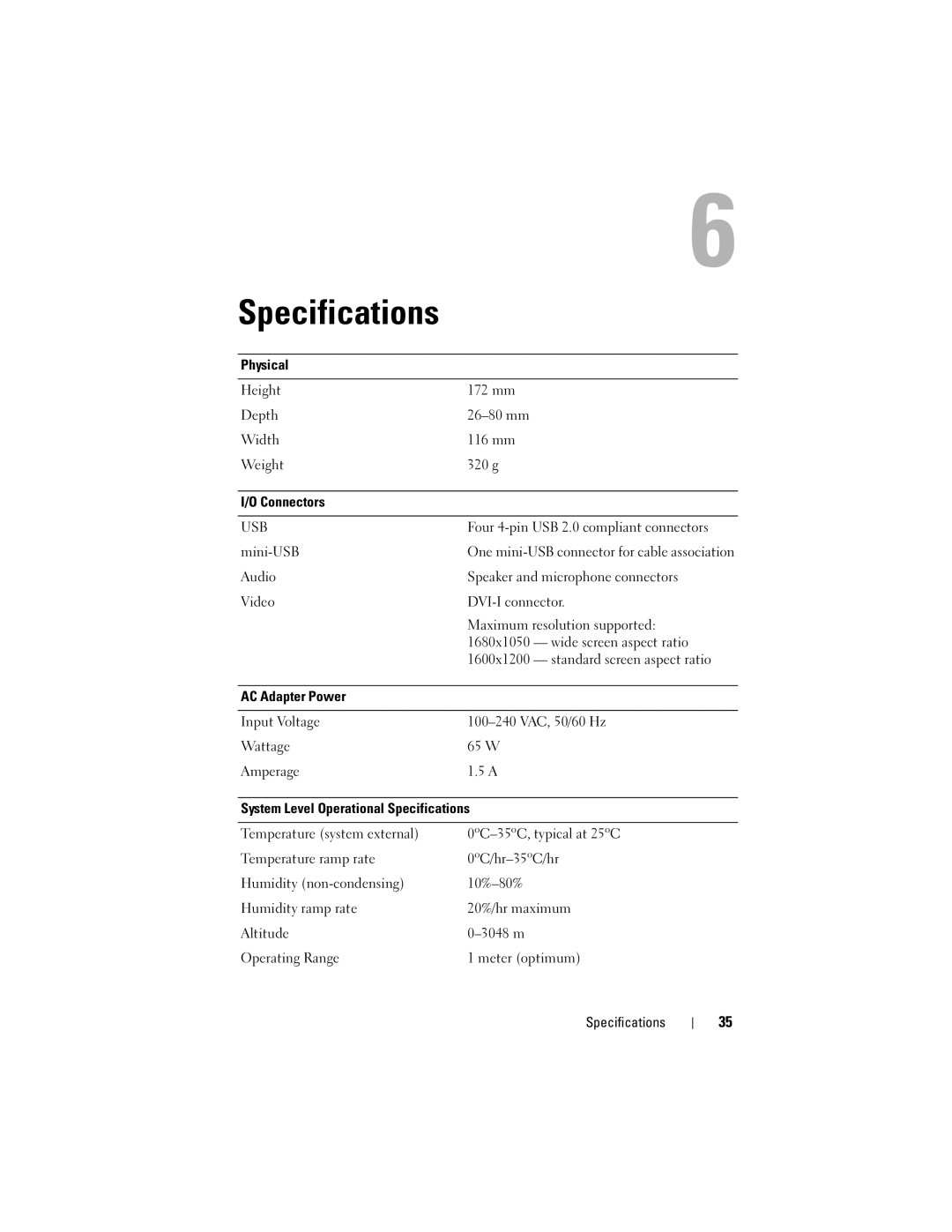 Dell E16WD01001, 0HPCH user manual Specifications, Usb 