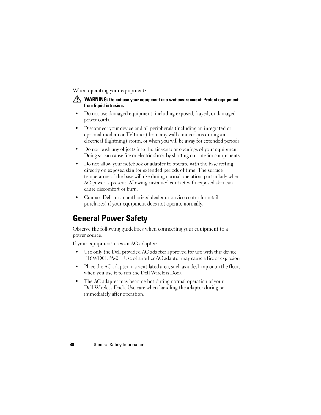 Dell E16WD01001, 0HPCH user manual General Power Safety 