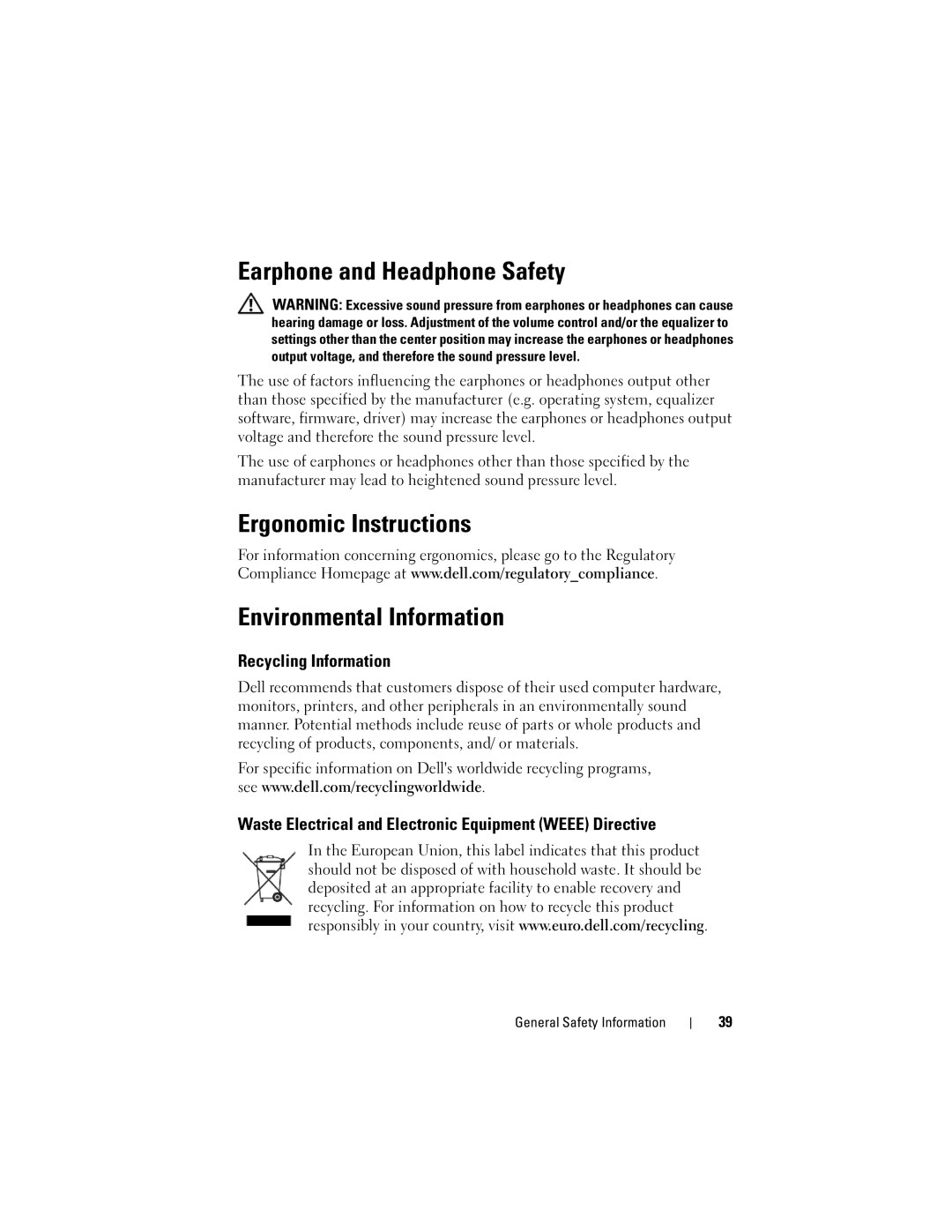 Dell E16WD01001 Earphone and Headphone Safety, Ergonomic Instructions Environmental Information, Recycling Information 