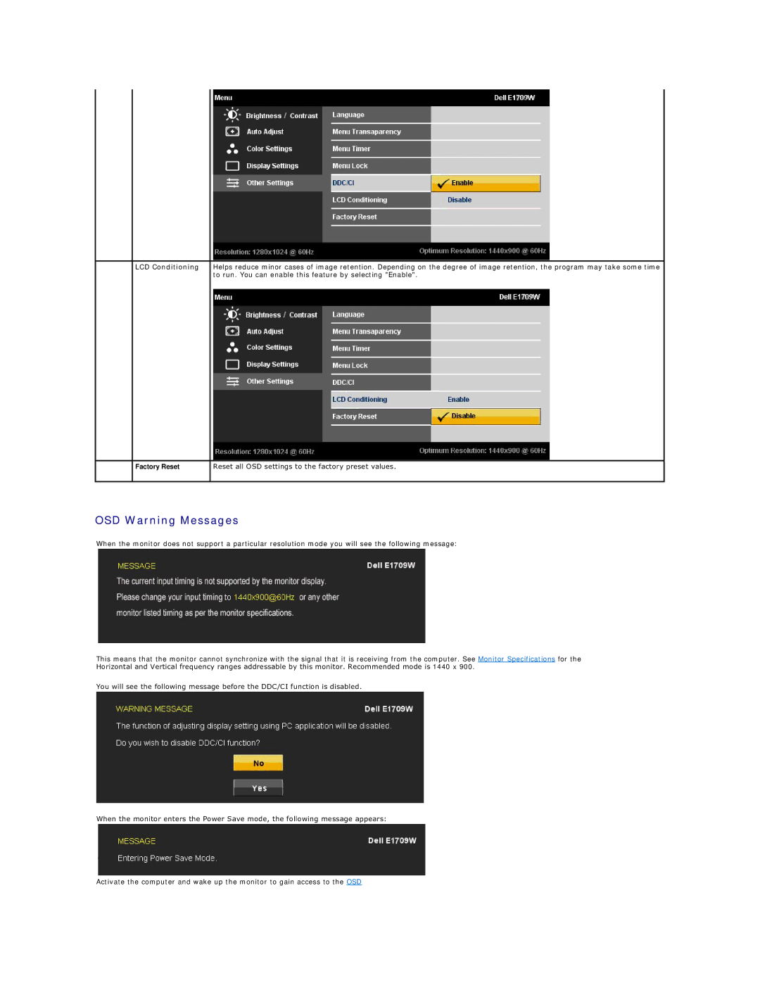 Dell E1709WC appendix OSD Warning Messages, LCD Conditioning 