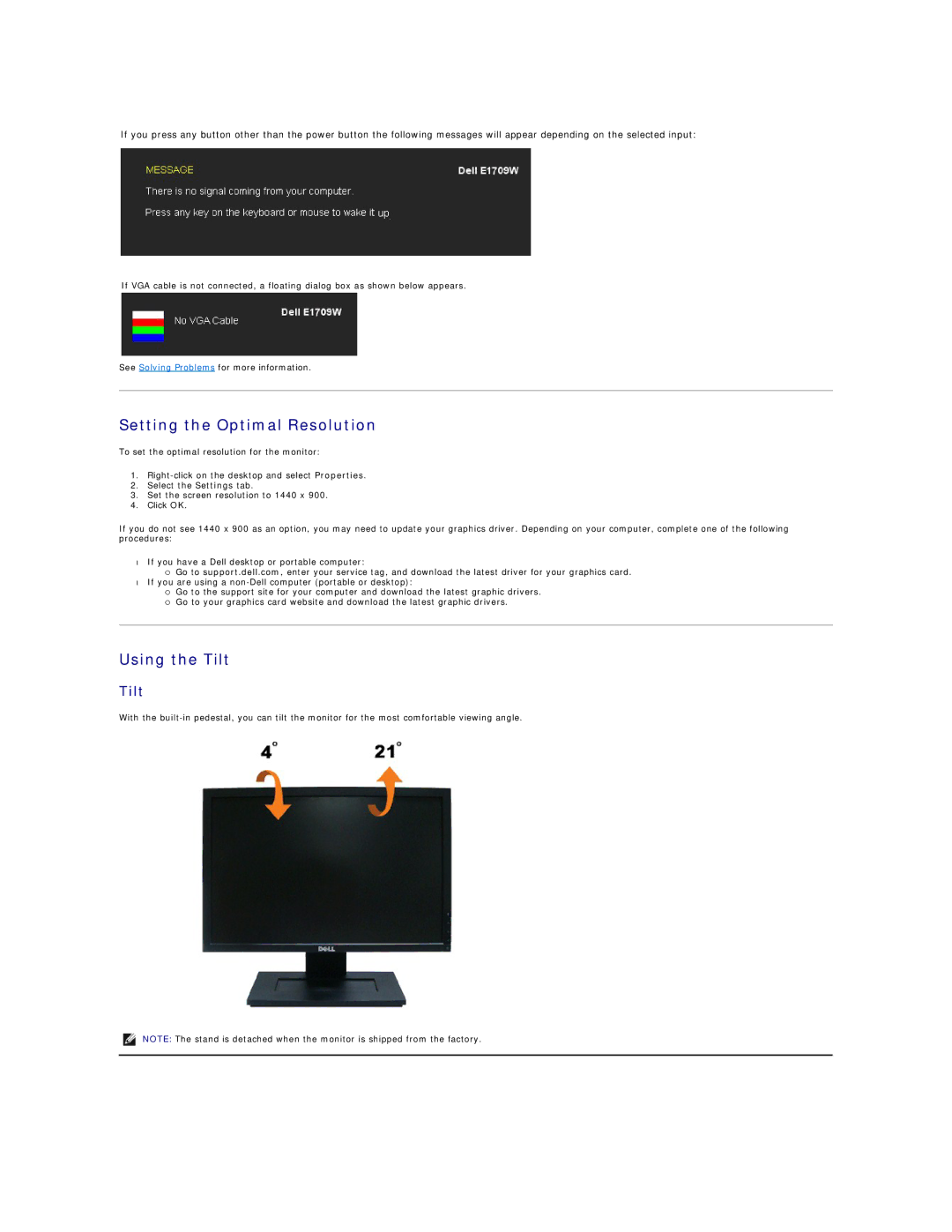 Dell E1709WC appendix Setting the Optimal Resolution, Using the Tilt 