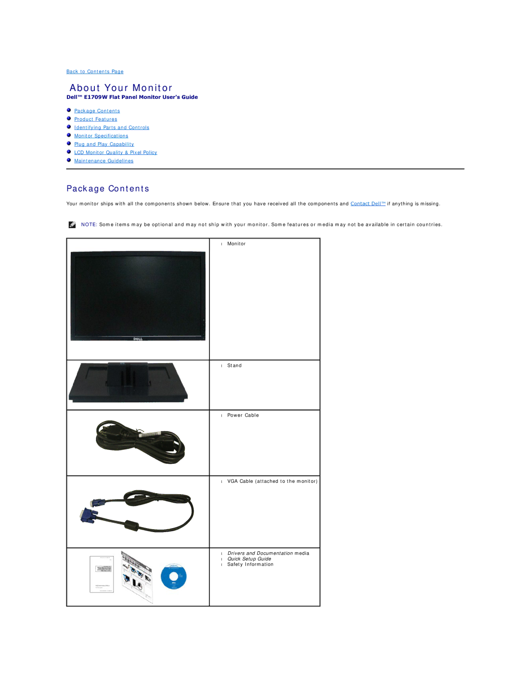 Dell E1709WC appendix About Your Monitor, Package Contents 